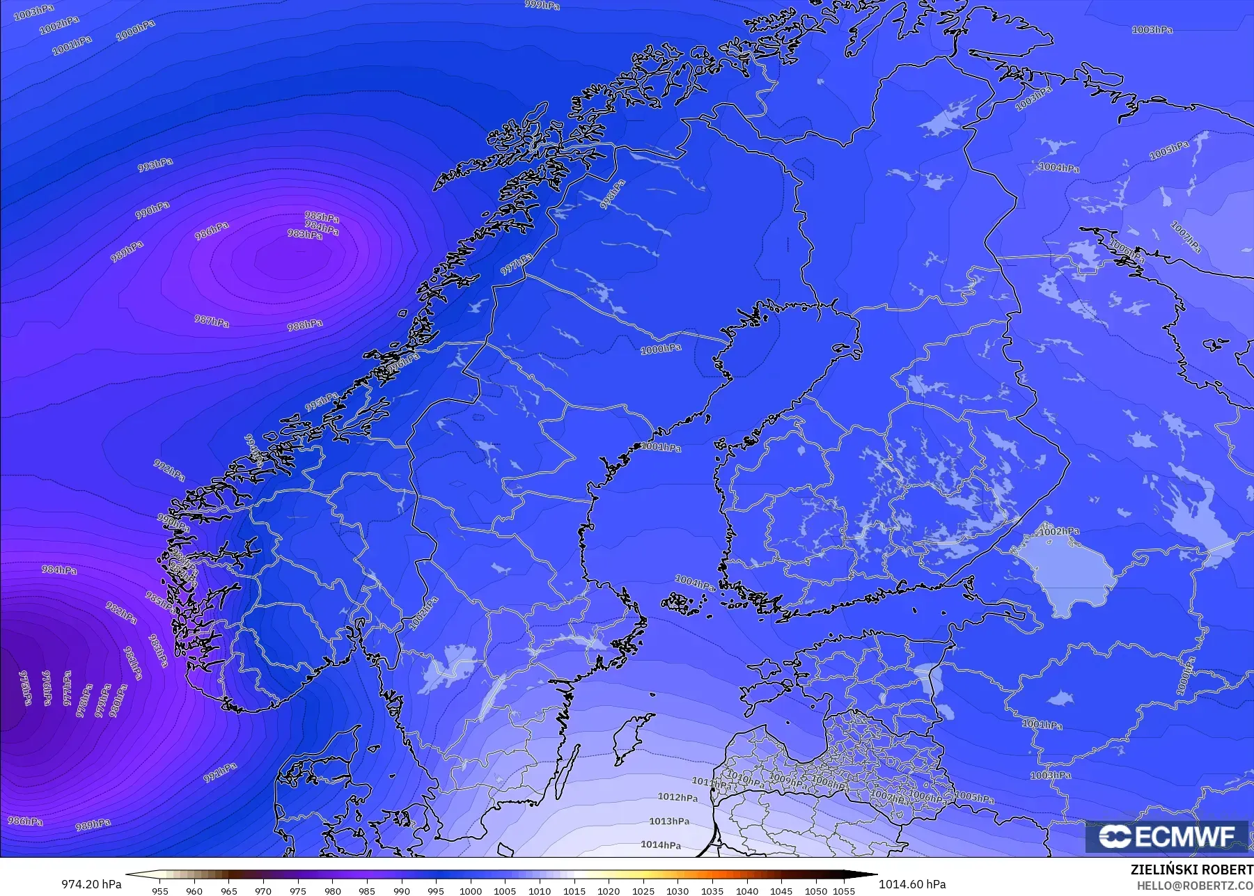 ECMWF IFS 0.25° modelo - Escandinavia, Presión