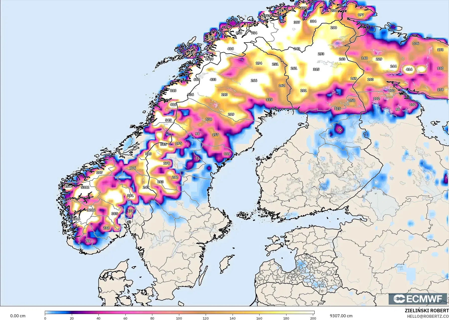 ECMWF IFS 0.25° modelo - Escandinavia, Profundidad de nieve