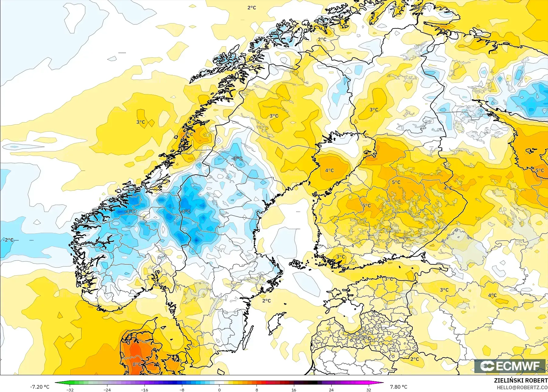 ECMWF IFS 0.25° modelo - Escandinavia, Anomalía de temperatura a 2 m