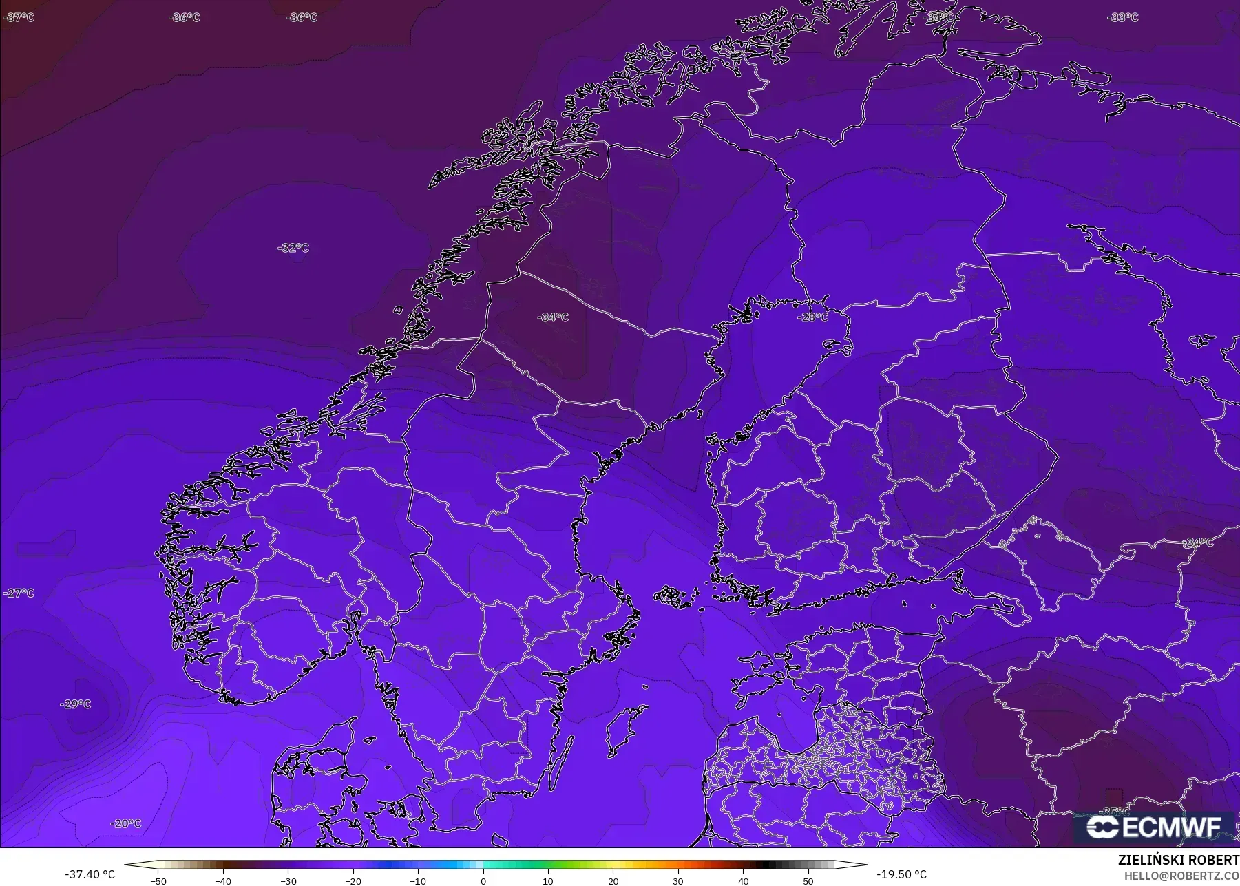 ECMWF IFS 0.25° modelo - Escandinavia, Temperatura a 500 hPa