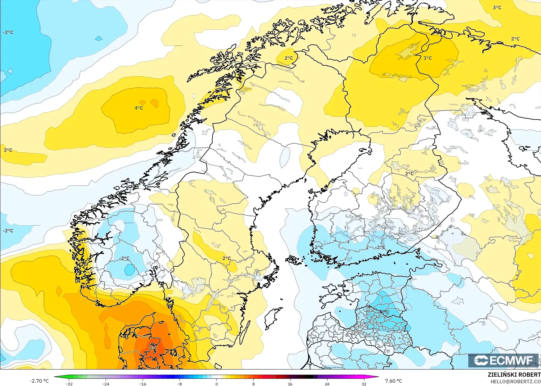 ECMWF IFS 0.25° modelo - Escandinavia, Anomalía de temperatura a 850 hPa