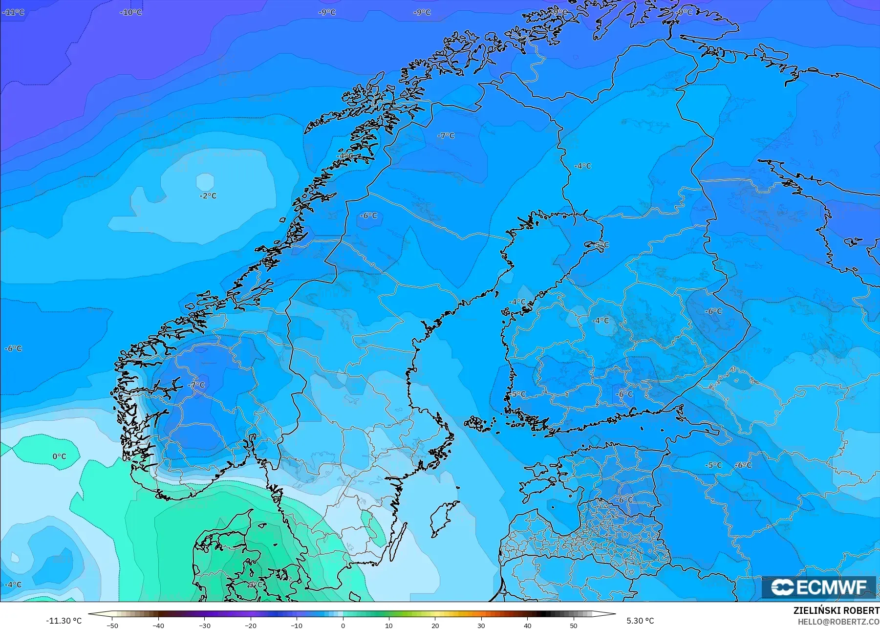 ECMWF IFS 0.25° modelo - Escandinavia, Temperatura a 850 hPa