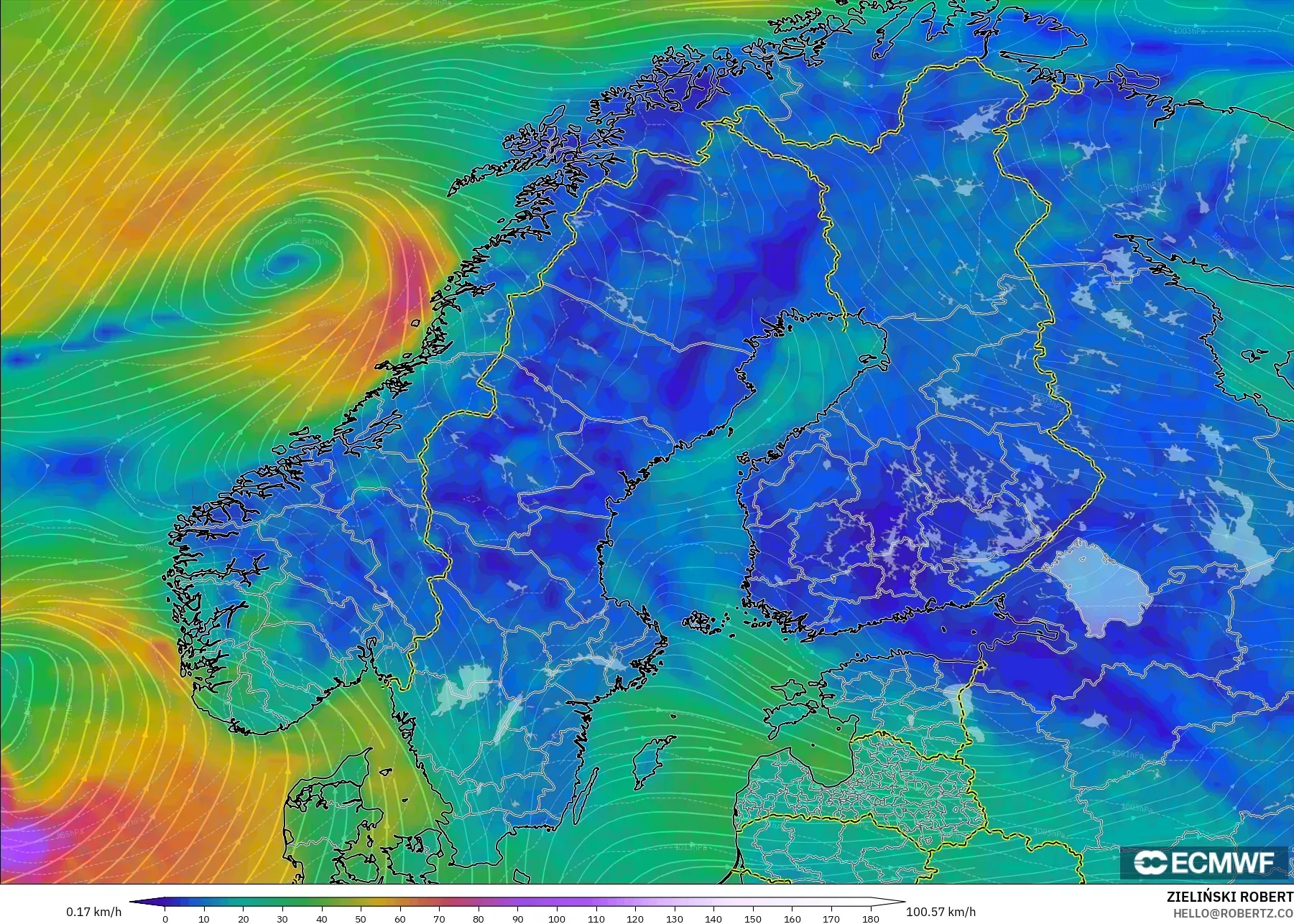 ECMWF IFS 0.25° modelo - Escandinavia, Viento a 10 m