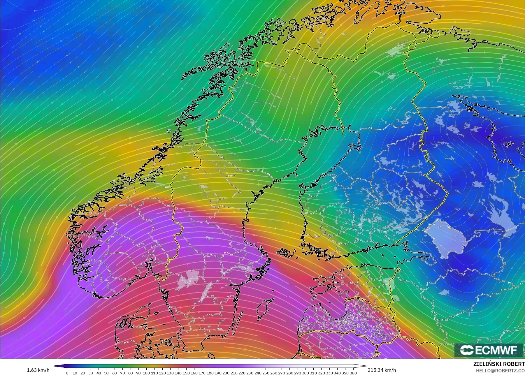 ECMWF IFS 0.25° modelo - Escandinavia, Viento a 300 hPa (corriente en chorro)