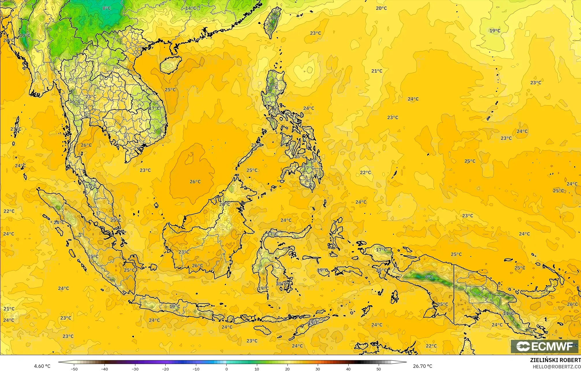 ECMWF IFS 0.25° modelo - Sudeste Asiático, Punto de rocío a 2 m