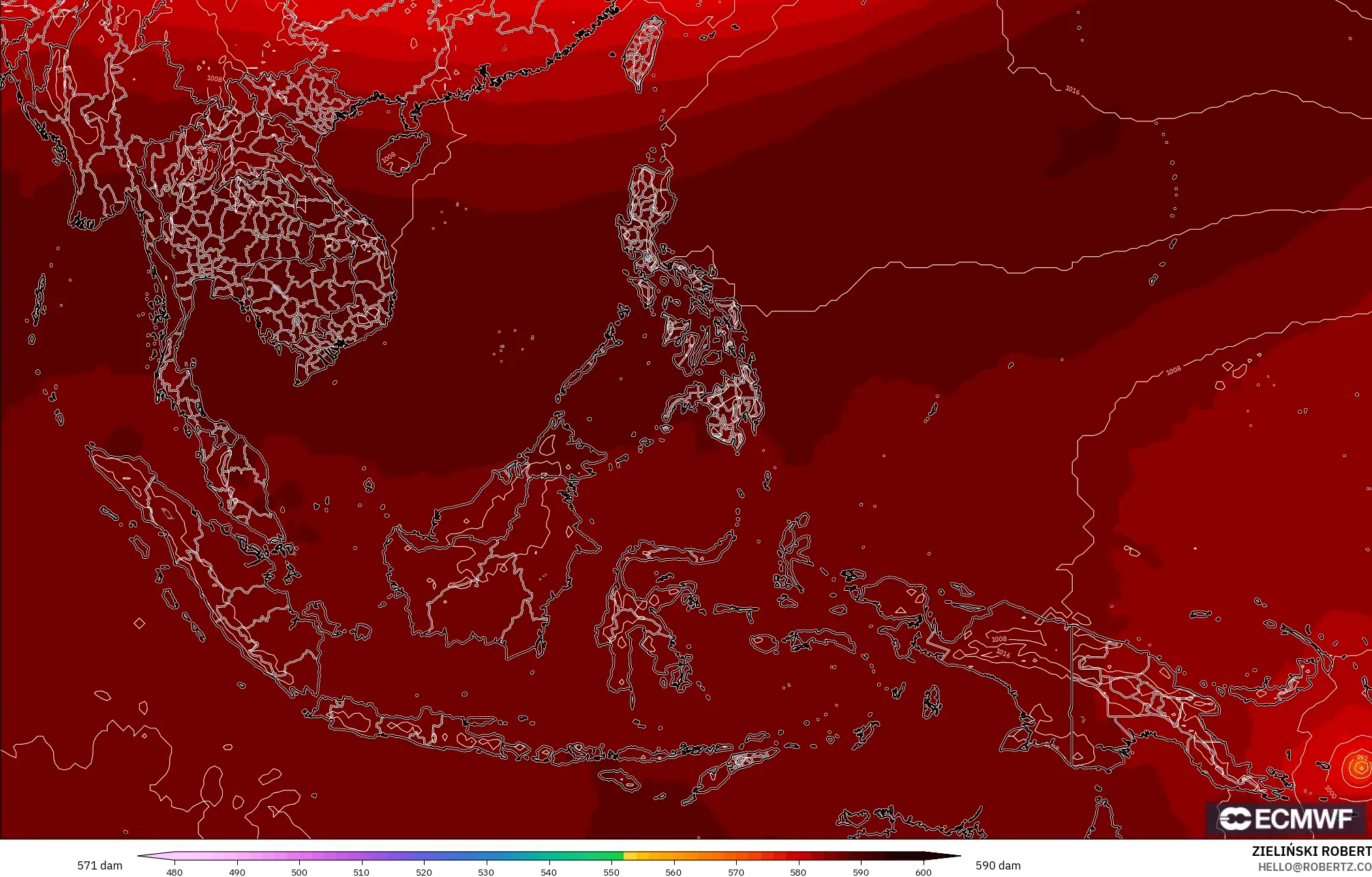 ECMWF IFS 0.25° modelo - Sudeste Asiático, Altura geopotencial a 500 hPa