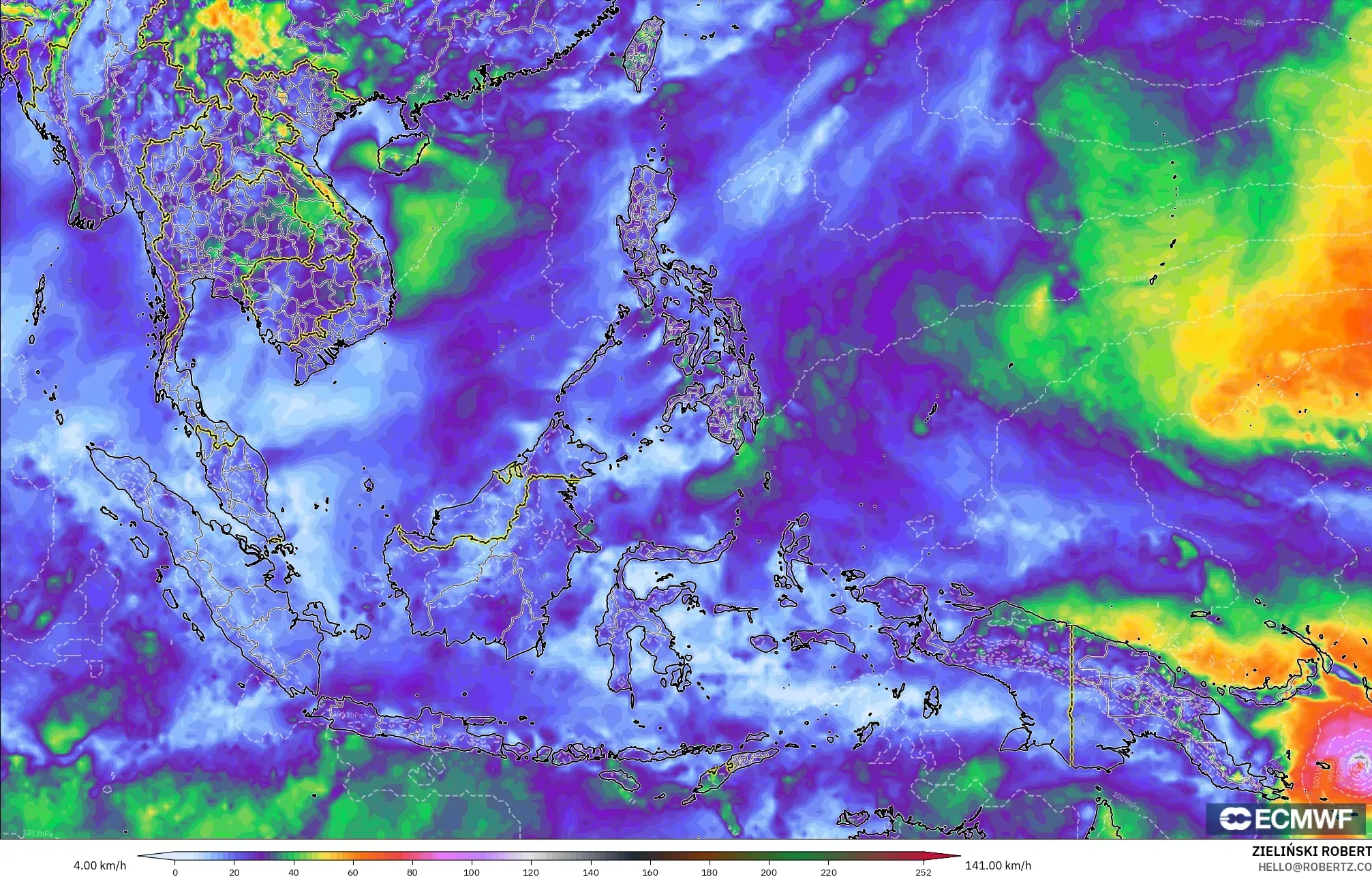 ECMWF IFS 0.25° modelo - Sudeste Asiático, Ráfagas de viento
