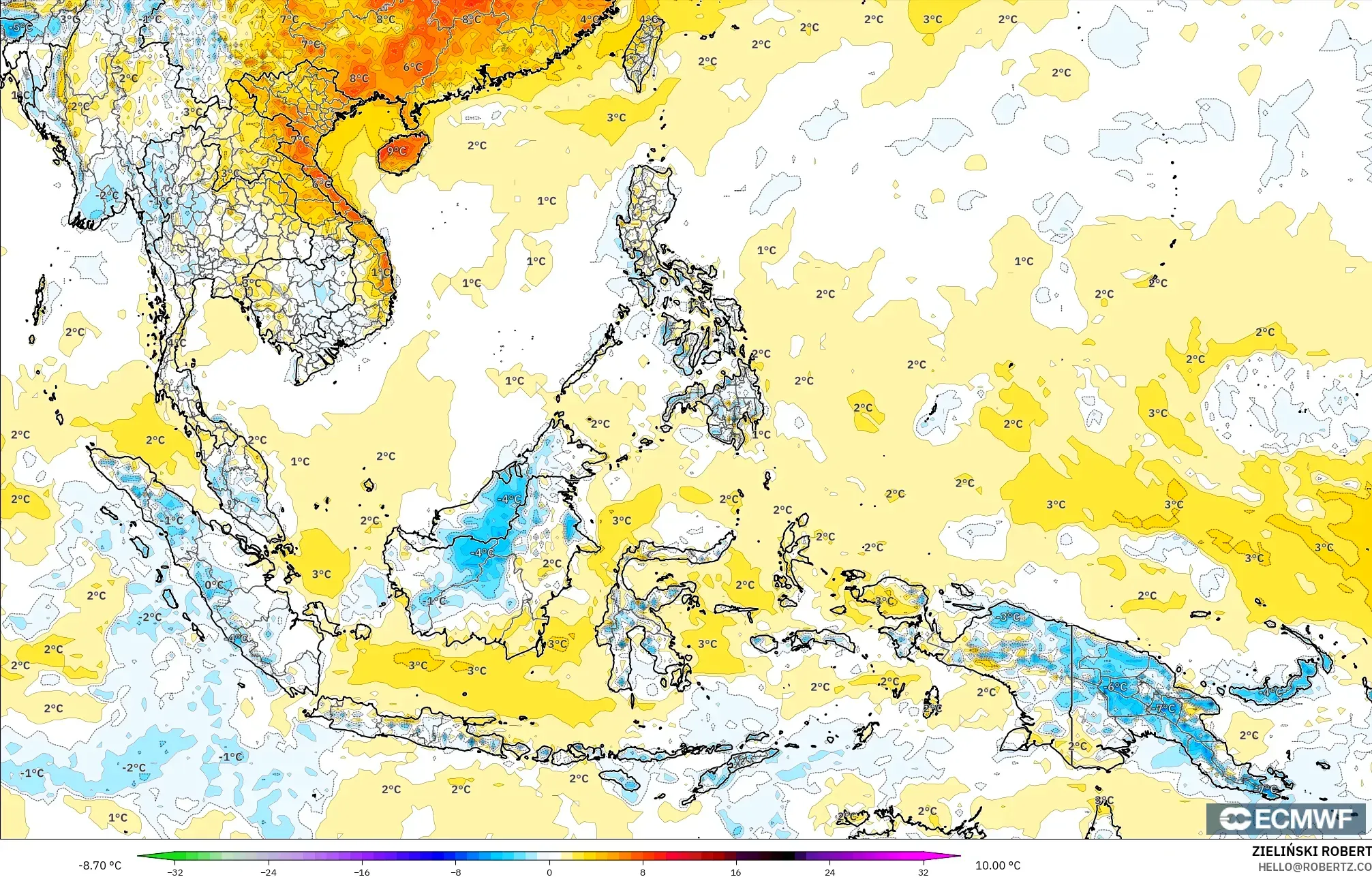 ECMWF IFS 0.25° modelo - Sudeste Asiático, Anomalía de temperatura a 2 m