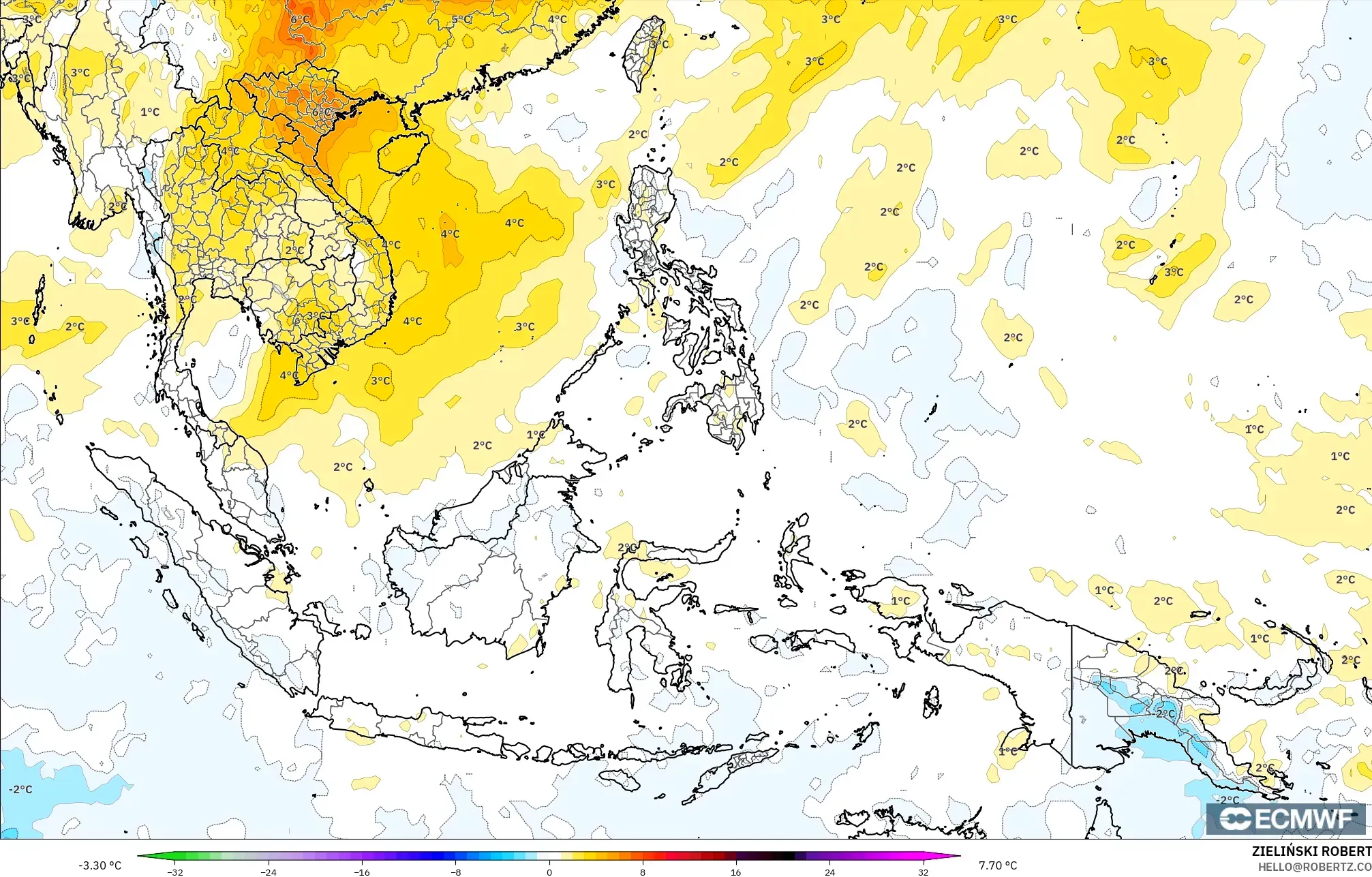 ECMWF IFS 0.25° modelo - Sudeste Asiático, Anomalía de temperatura a 850 hPa