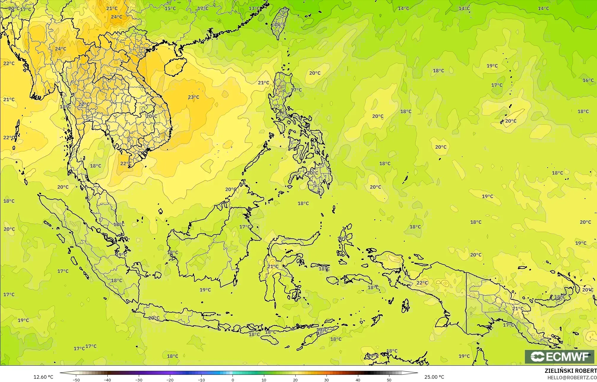 ECMWF IFS 0.25° modelo - Sudeste Asiático, Temperatura a 850 hPa