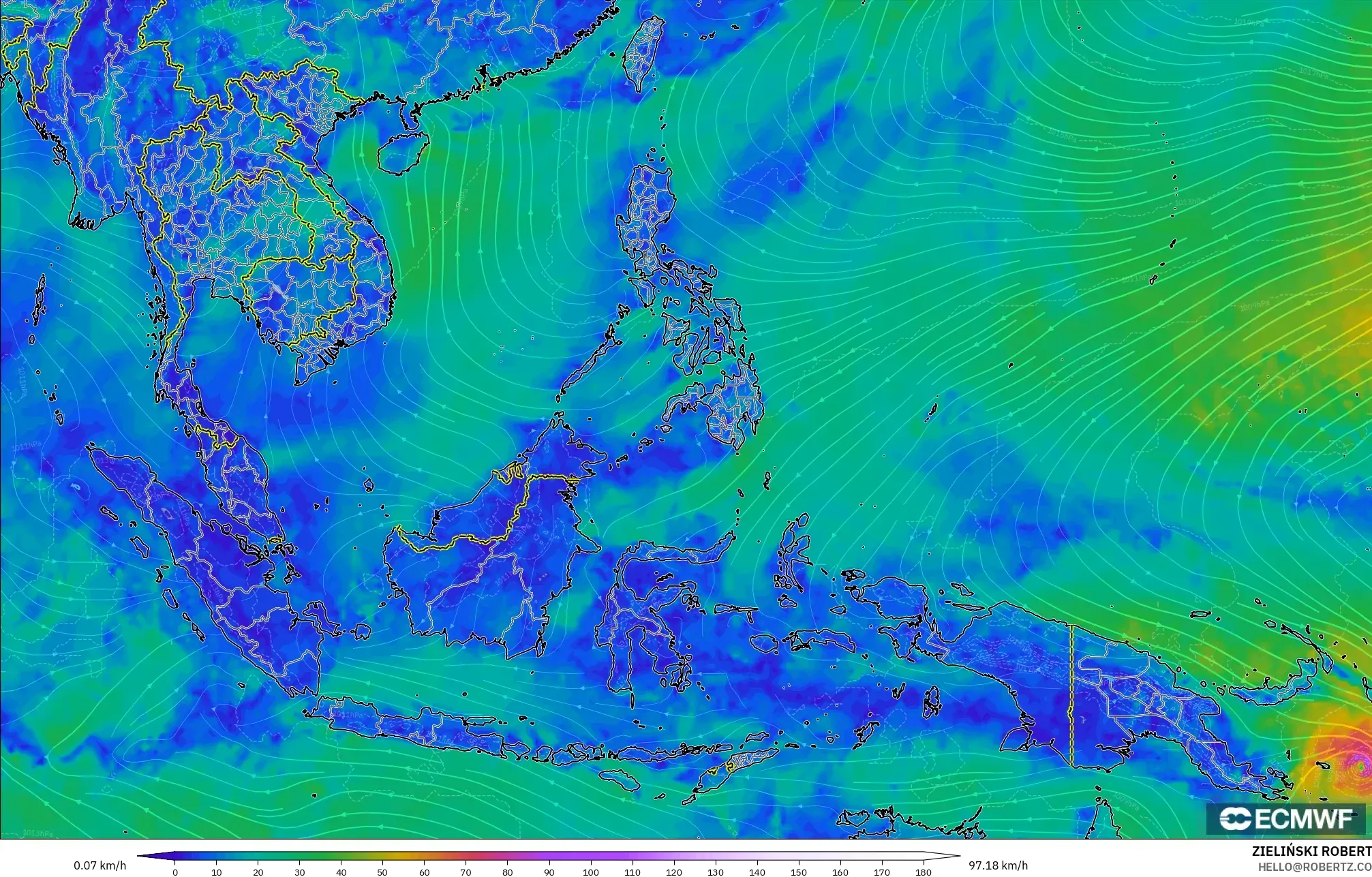 ECMWF IFS 0.25° modelo - Sudeste Asiático, Viento a 10 m