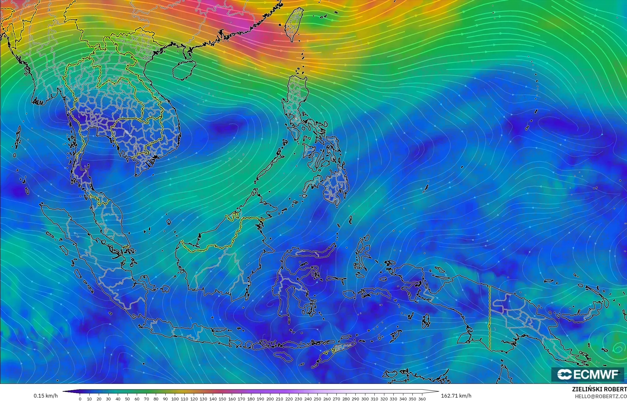 ECMWF IFS 0.25° modelo - Sudeste Asiático, Viento a 300 hPa (corriente en chorro)