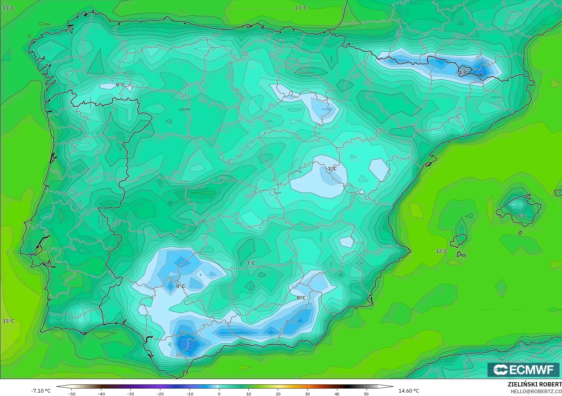 ECMWF IFS 0.25° modelo - España, Punto de rocío a 2 m
