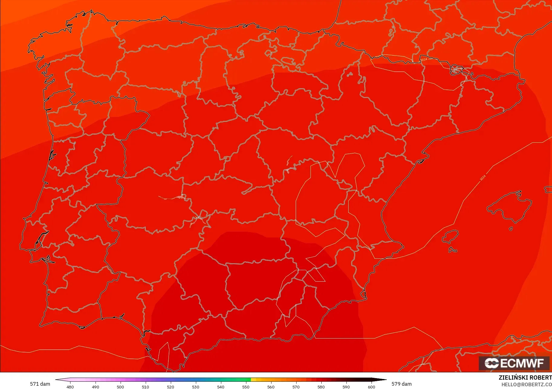 ECMWF IFS 0.25° modelo - España, Altura geopotencial a 500 hPa