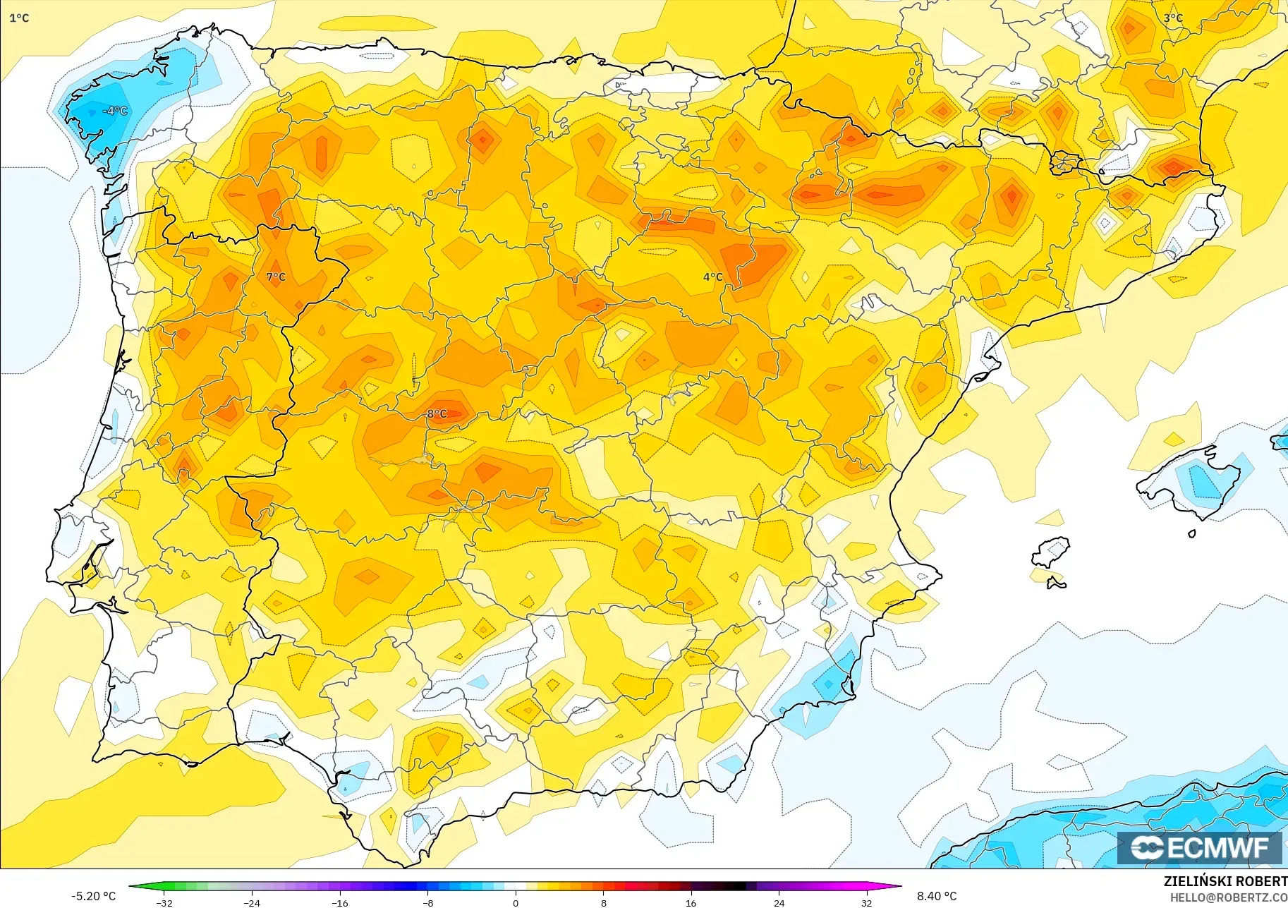 ECMWF IFS 0.25° modelo - España, Anomalía de temperatura a 2 m