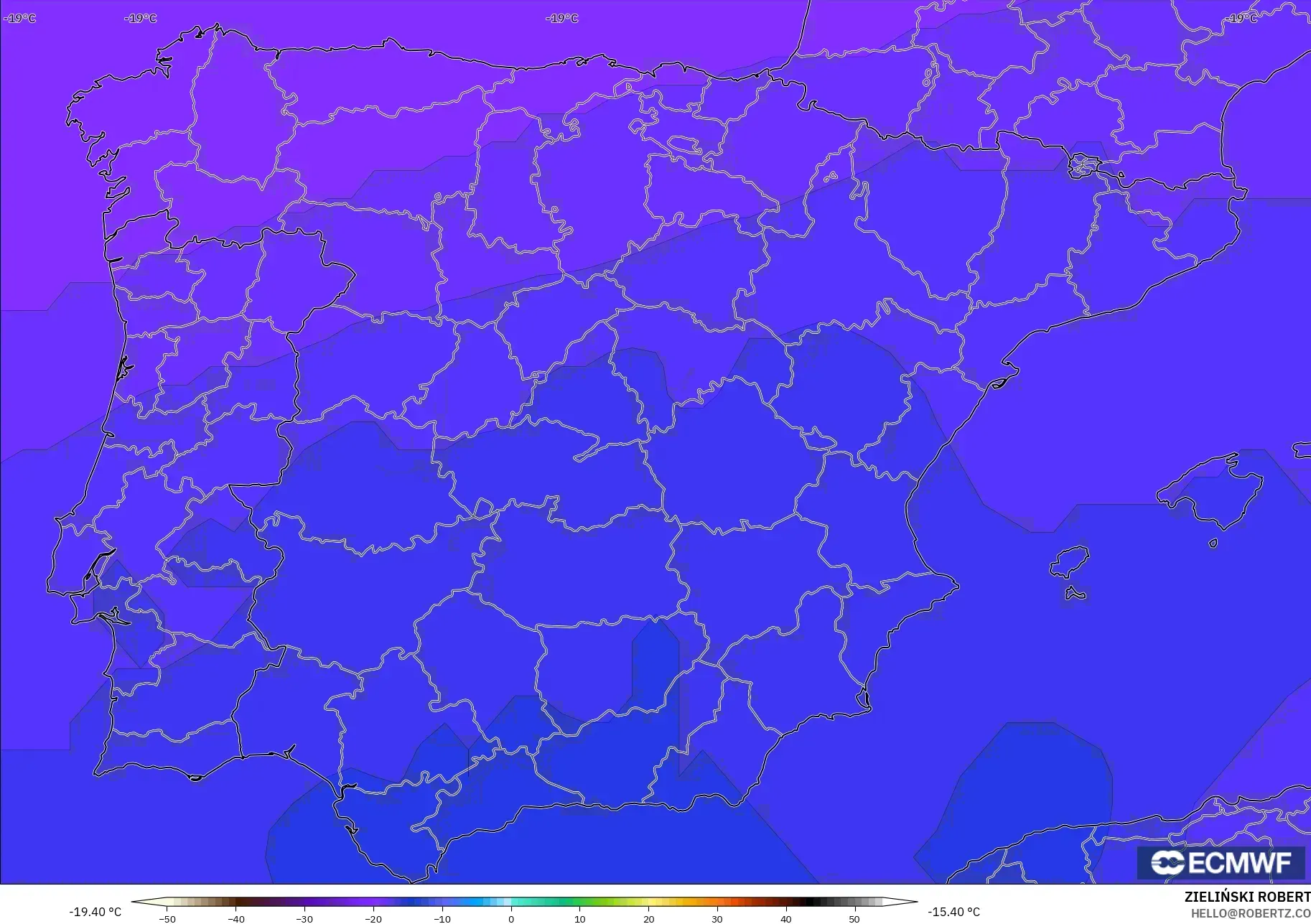 ECMWF IFS 0.25° modelo - España, Temperatura a 500 hPa