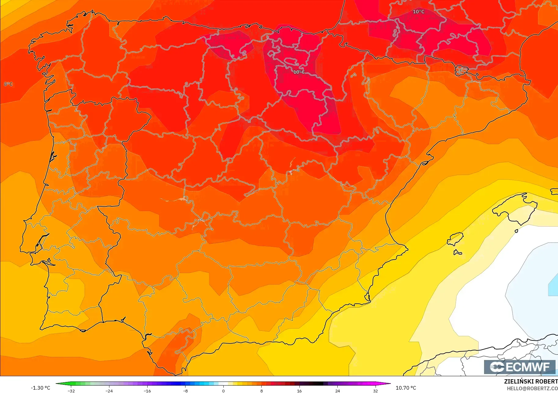 ECMWF IFS 0.25° modelo - España, Anomalía de temperatura a 850 hPa