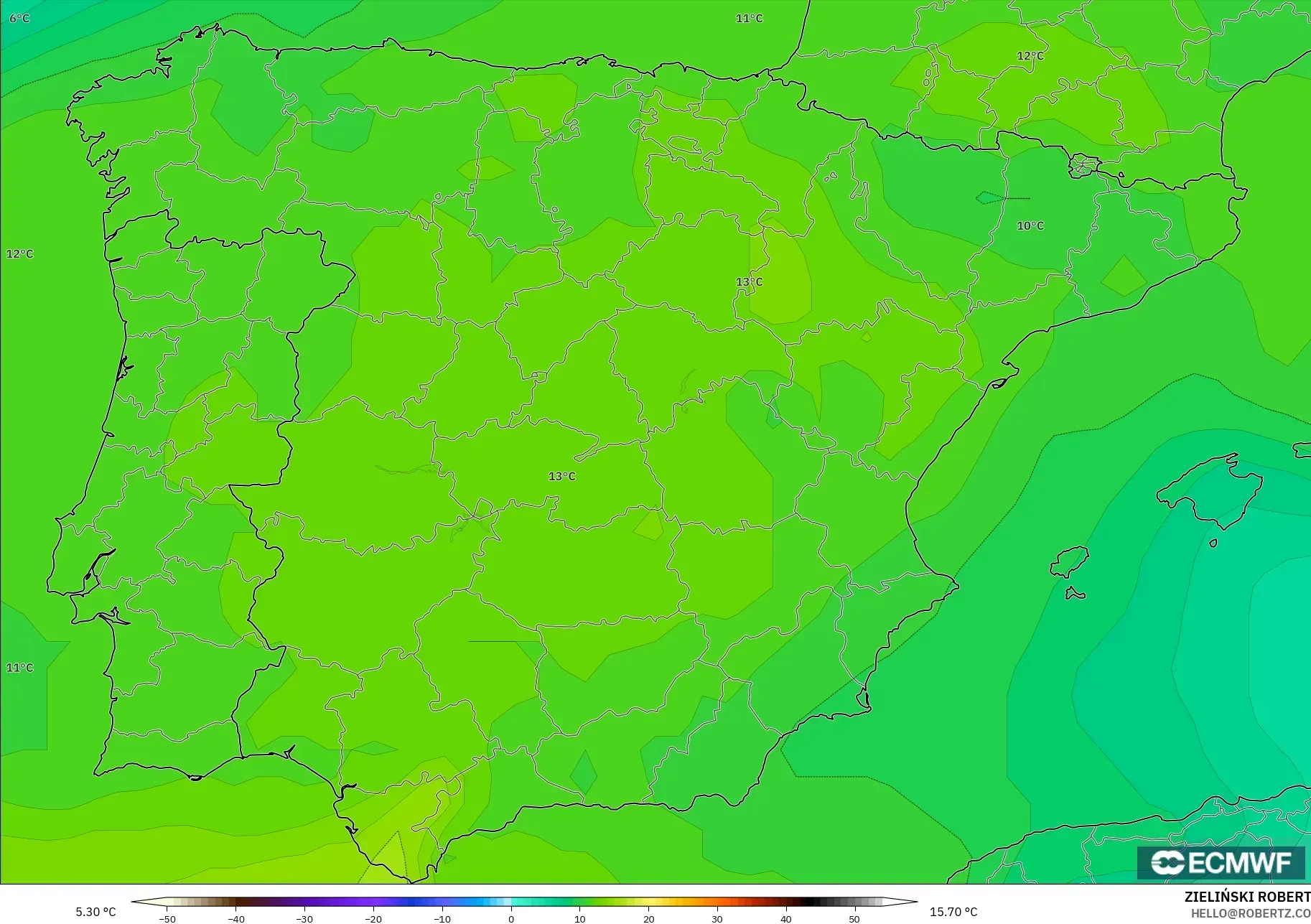 ECMWF IFS 0.25° modelo - España, Temperatura a 850 hPa