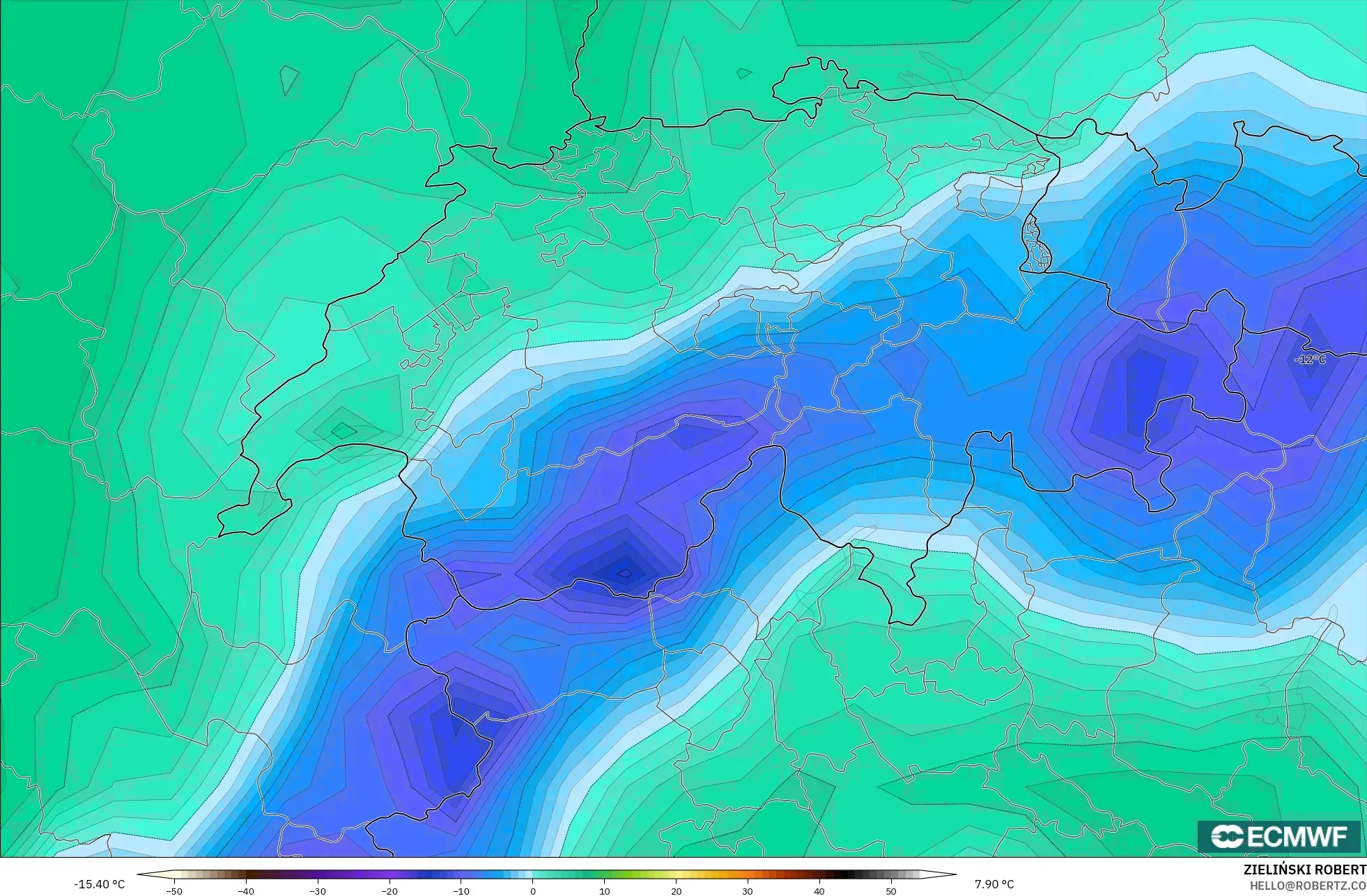 ECMWF IFS 0.25° modelo - Suiza, Punto de rocío a 2 m