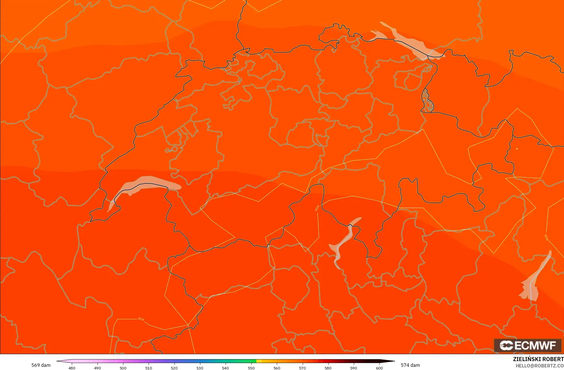 ECMWF IFS 0.25° modelo - Suiza, Altura geopotencial a 500 hPa