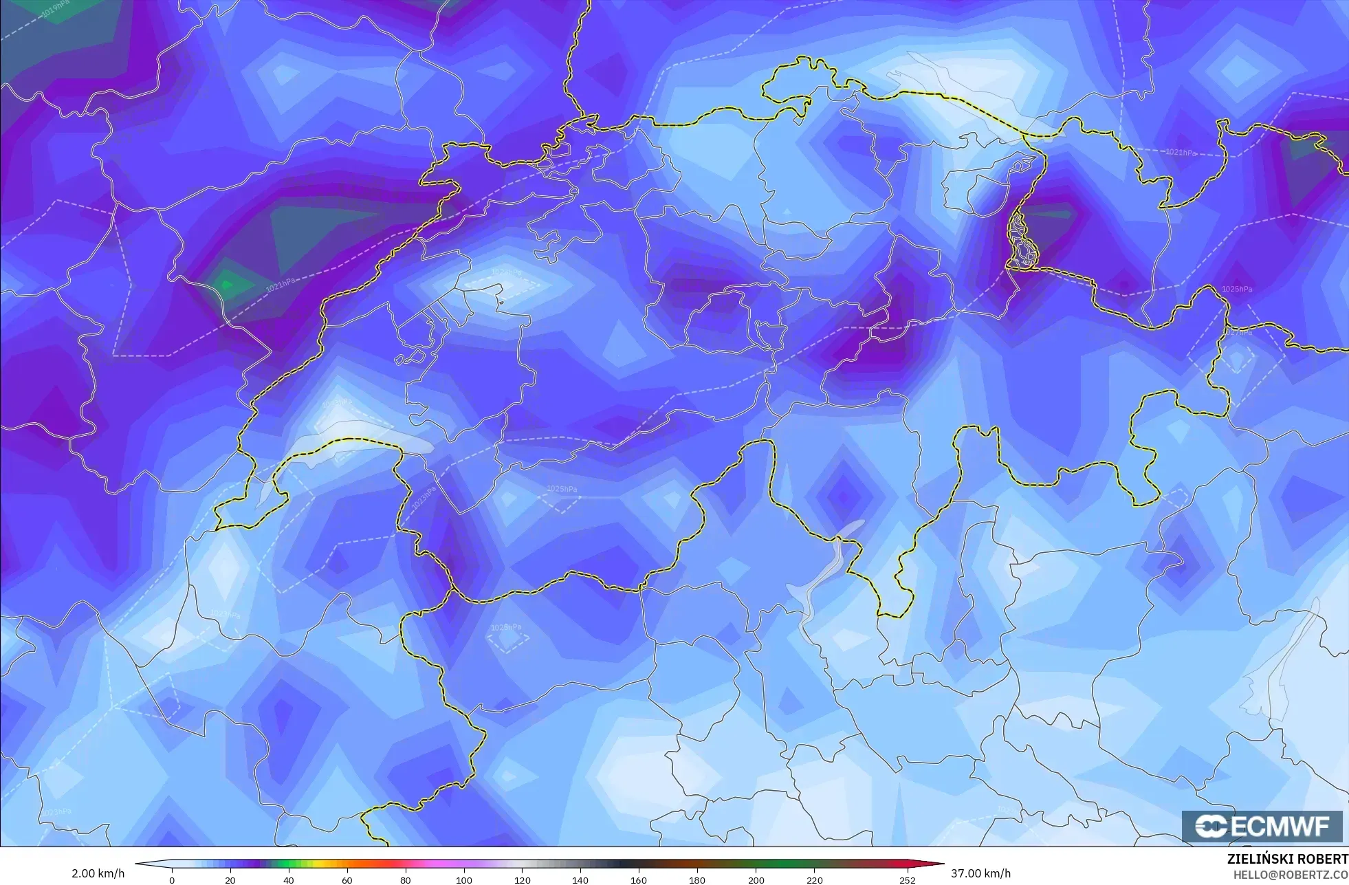 ECMWF IFS 0.25° modelo - Suiza, Ráfagas de viento