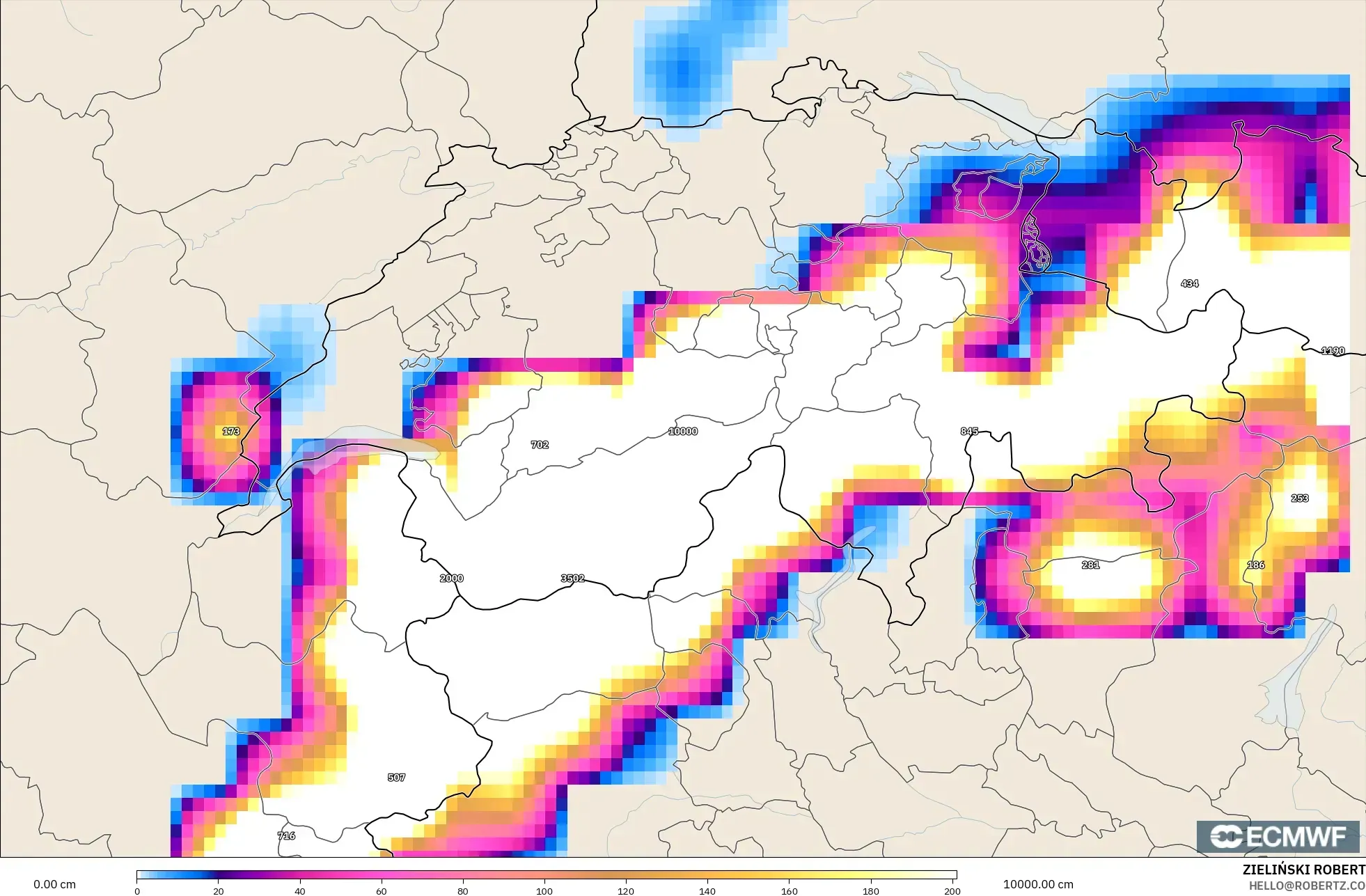 ECMWF IFS 0.25° modelo - Suiza, Profundidad de nieve