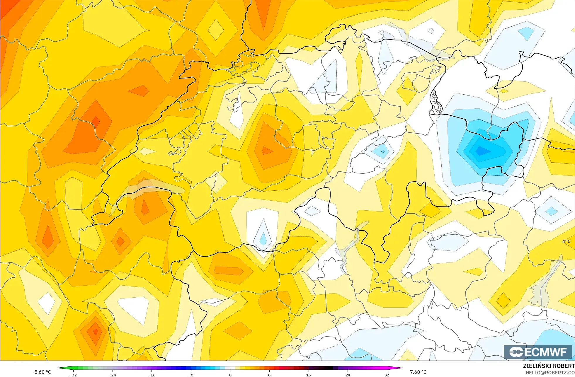 ECMWF IFS 0.25° modelo - Suiza, Anomalía de temperatura a 2 m