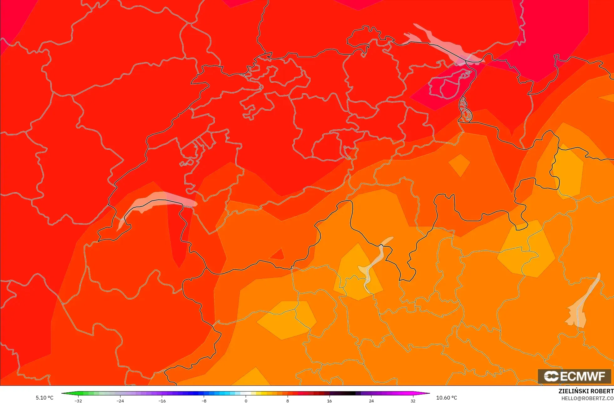 ECMWF IFS 0.25° modelo - Suiza, Anomalía de temperatura a 850 hPa