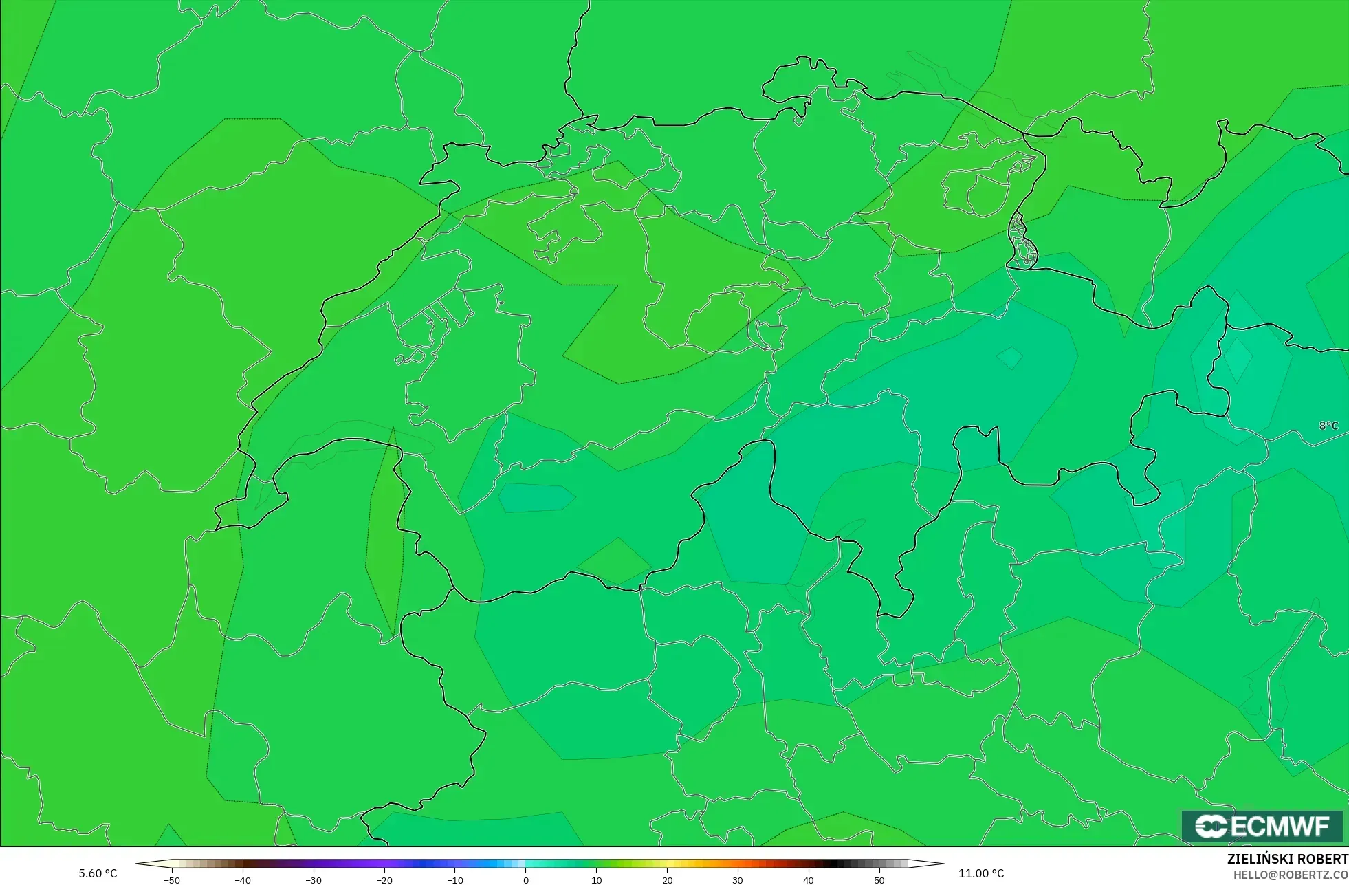 ECMWF IFS 0.25° modelo - Suiza, Temperatura a 850 hPa