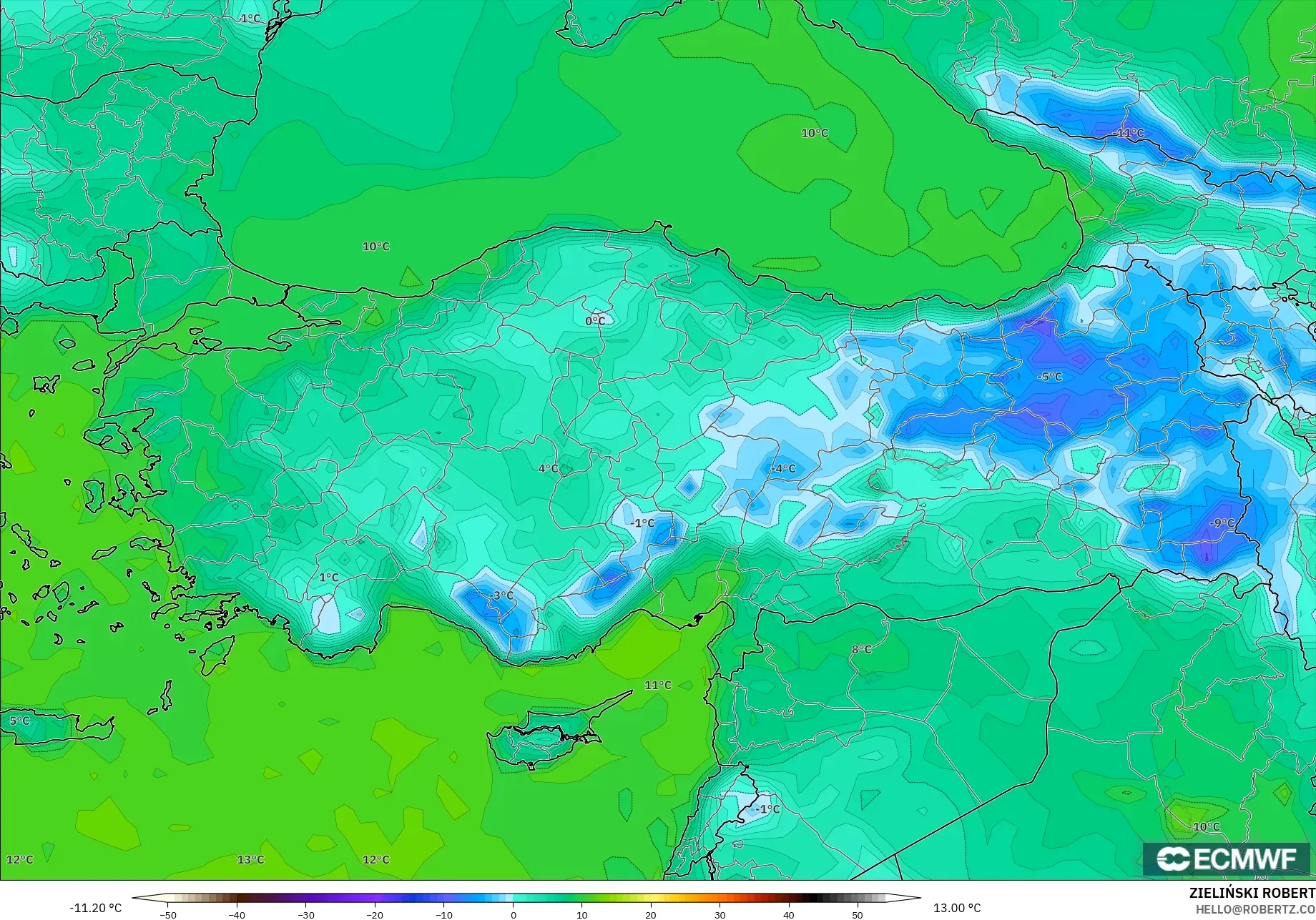 ECMWF IFS 0.25° modelo - Turquía, Punto de rocío a 2 m