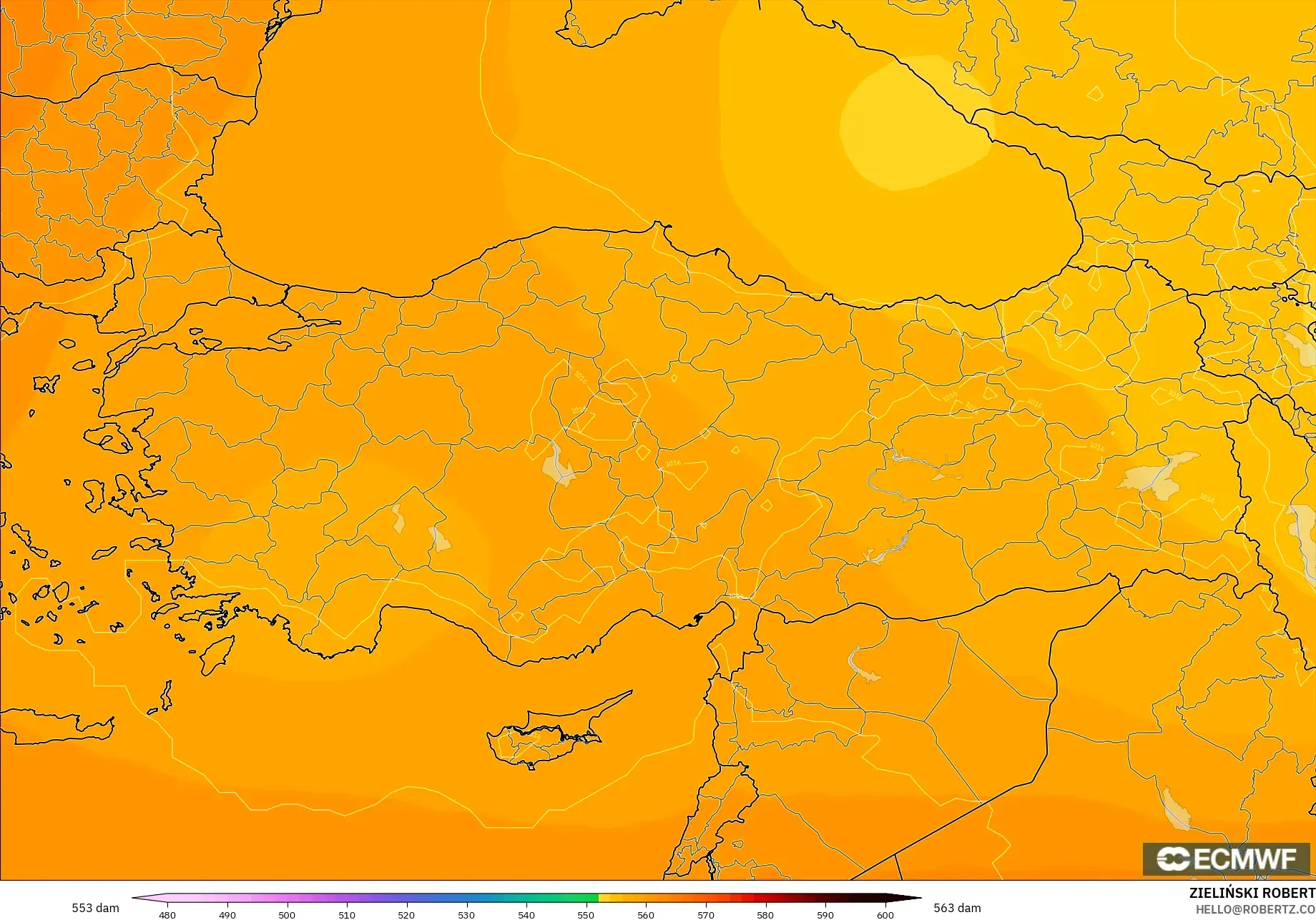 ECMWF IFS 0.25° modelo - Turquía, Altura geopotencial a 500 hPa