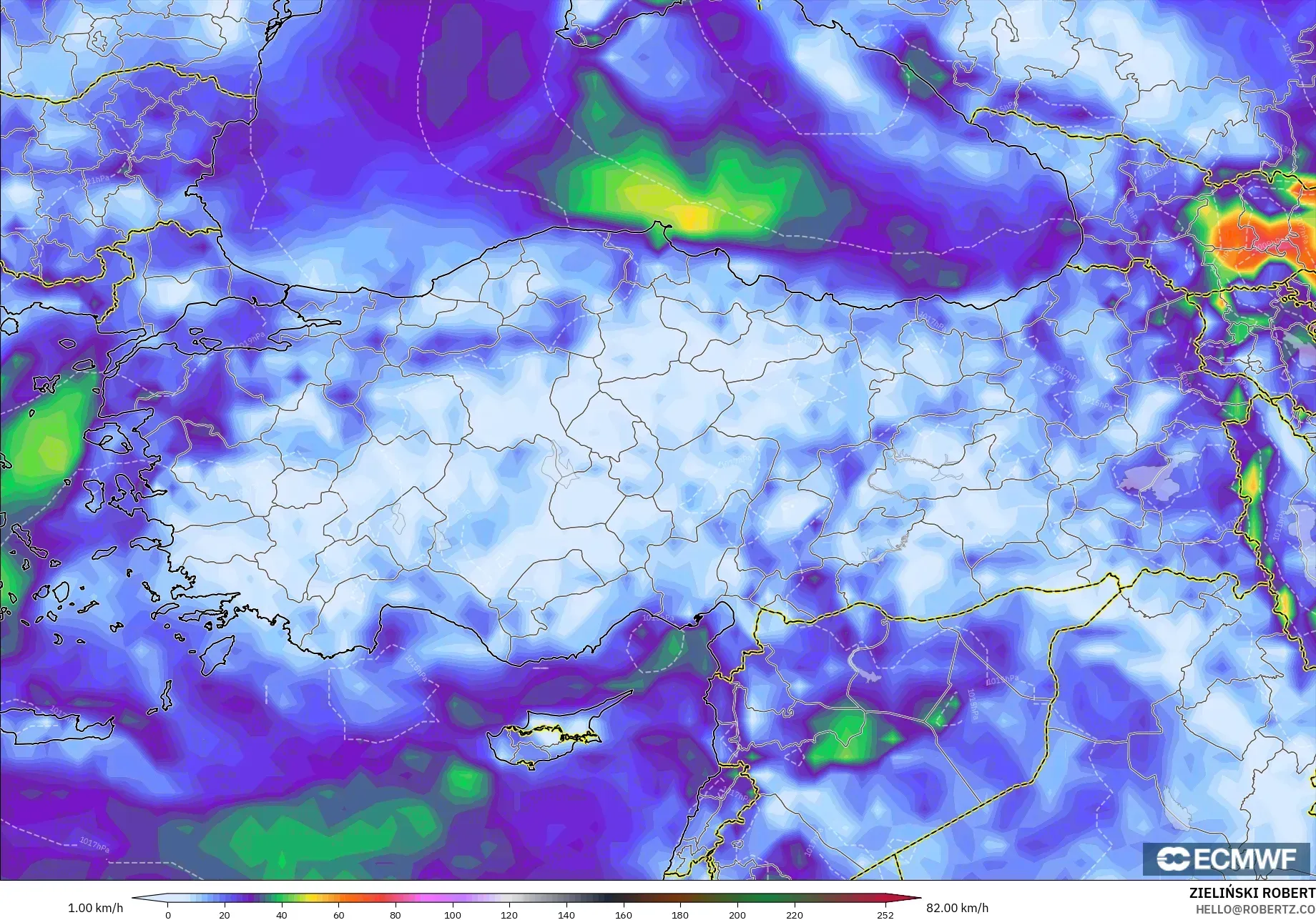 ECMWF IFS 0.25° modelo - Turquía, Ráfagas de viento