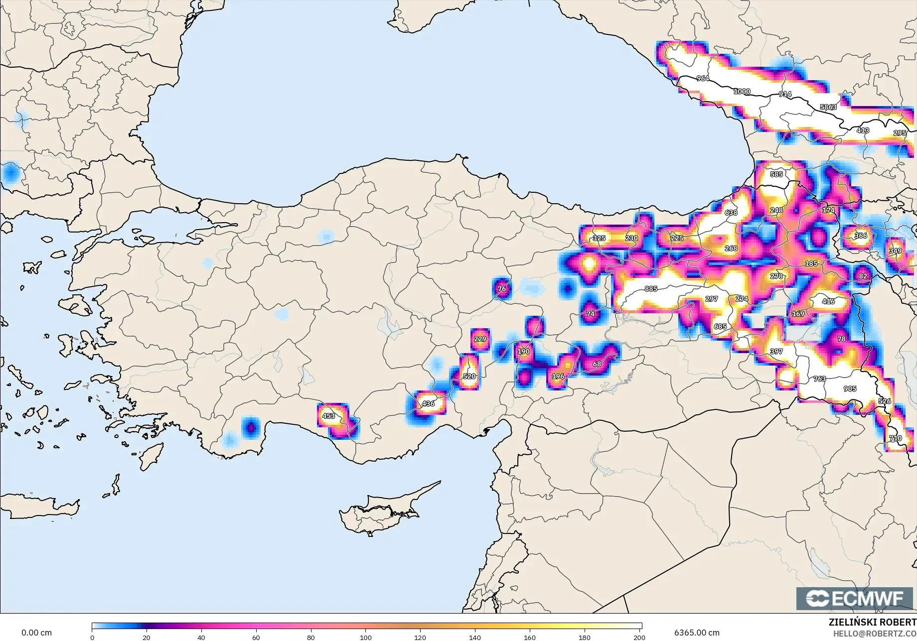 ECMWF IFS 0.25° modelo - Turquía, Profundidad de nieve