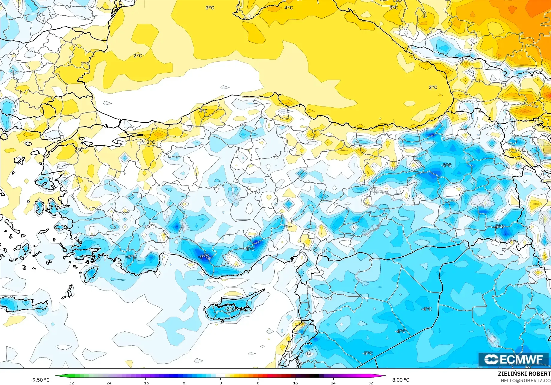 ECMWF IFS 0.25° modelo - Turquía, Anomalía de temperatura a 2 m