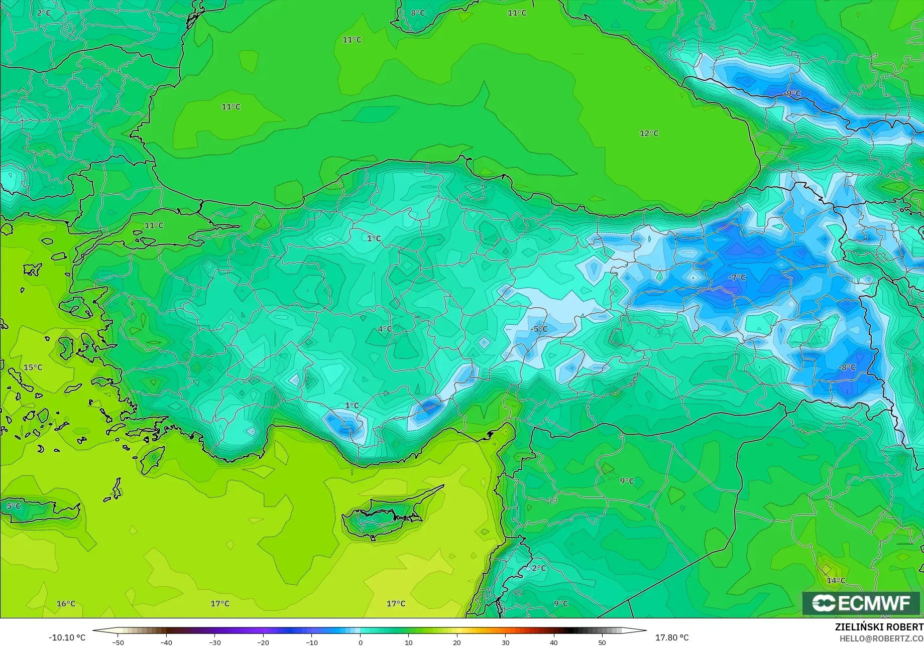 ECMWF IFS 0.25° modelo - Turquía, Temperatura a 2 m