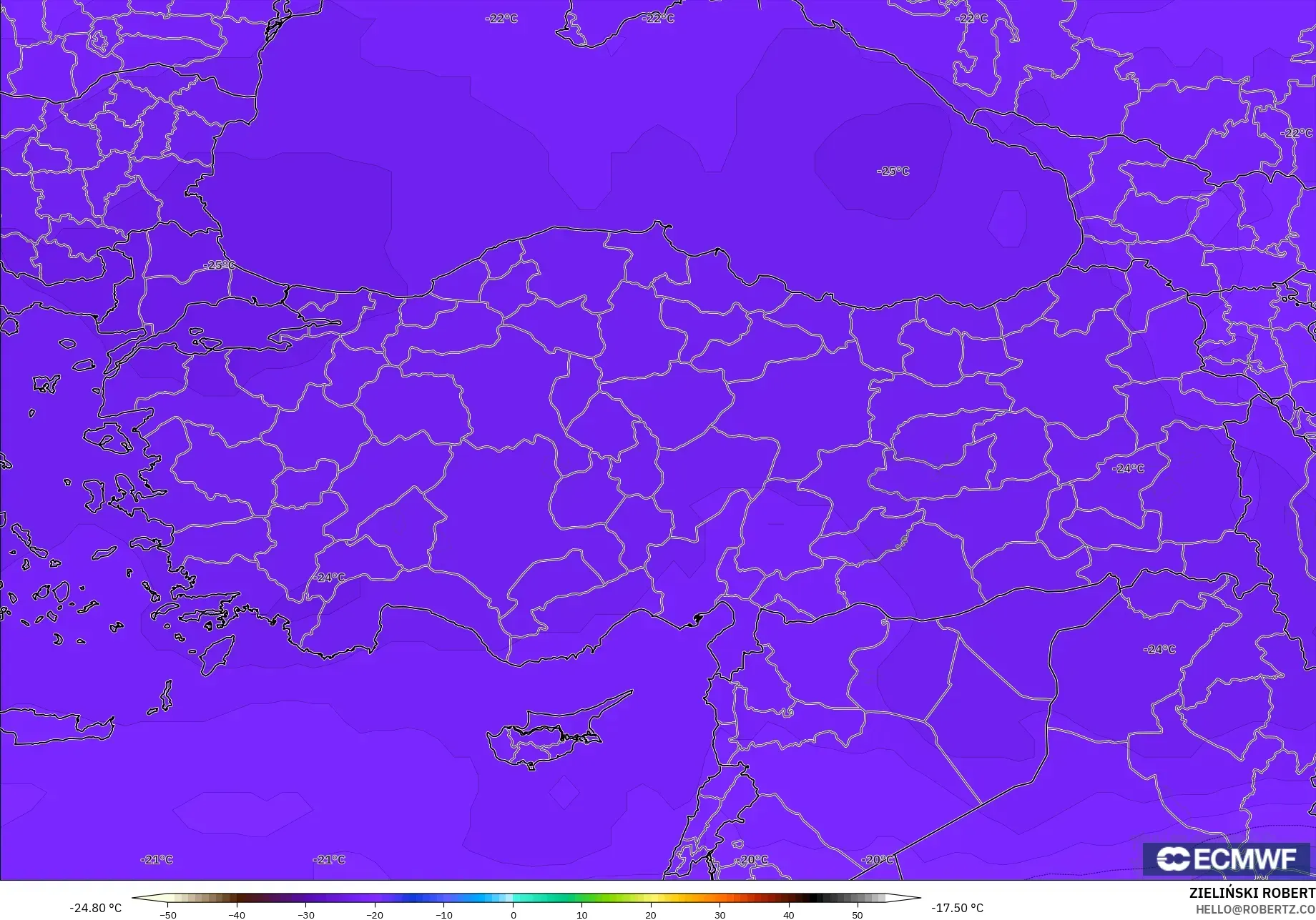 ECMWF IFS 0.25° modelo - Turquía, Temperatura a 500 hPa