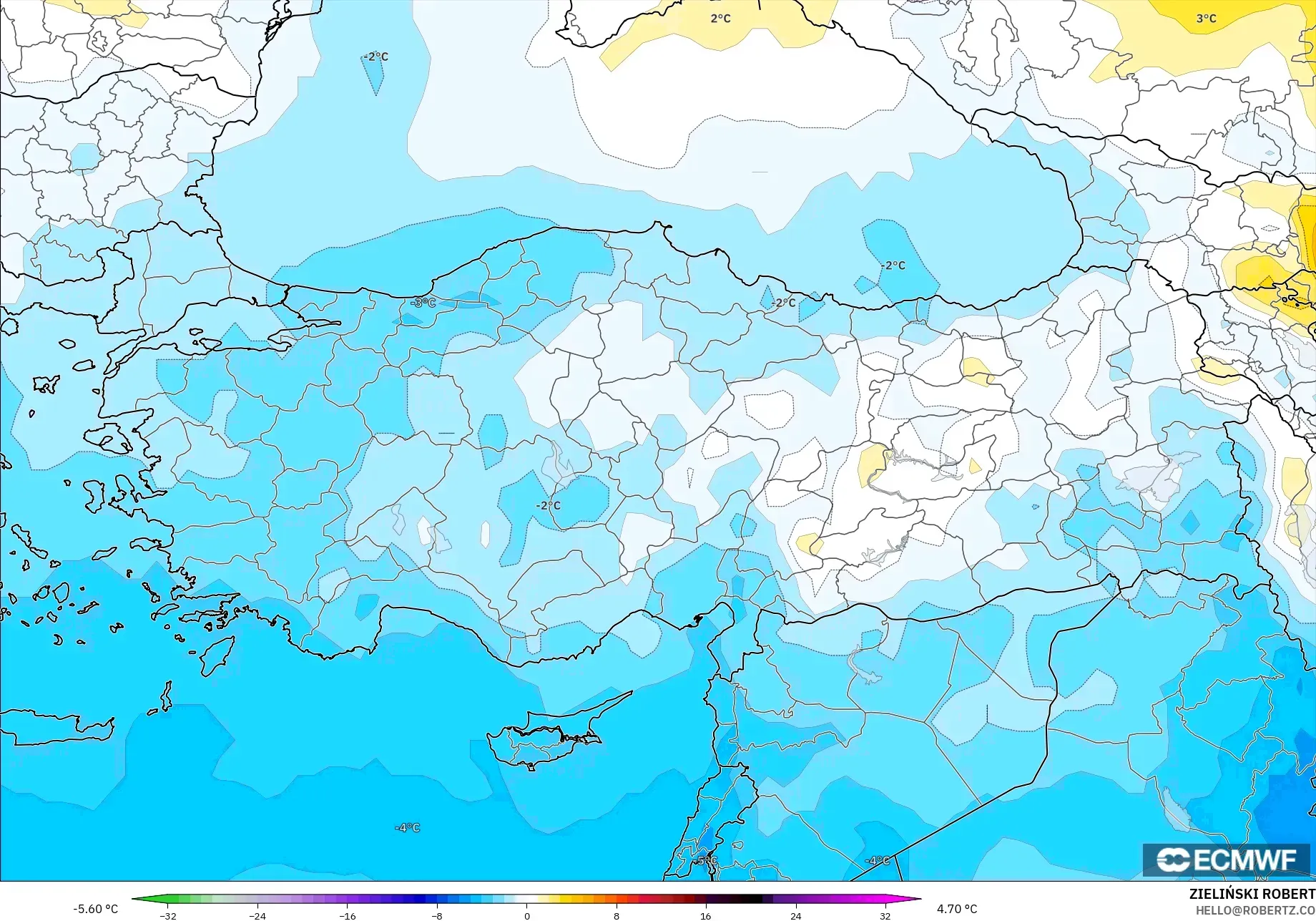 ECMWF IFS 0.25° modelo - Turquía, Anomalía de temperatura a 850 hPa
