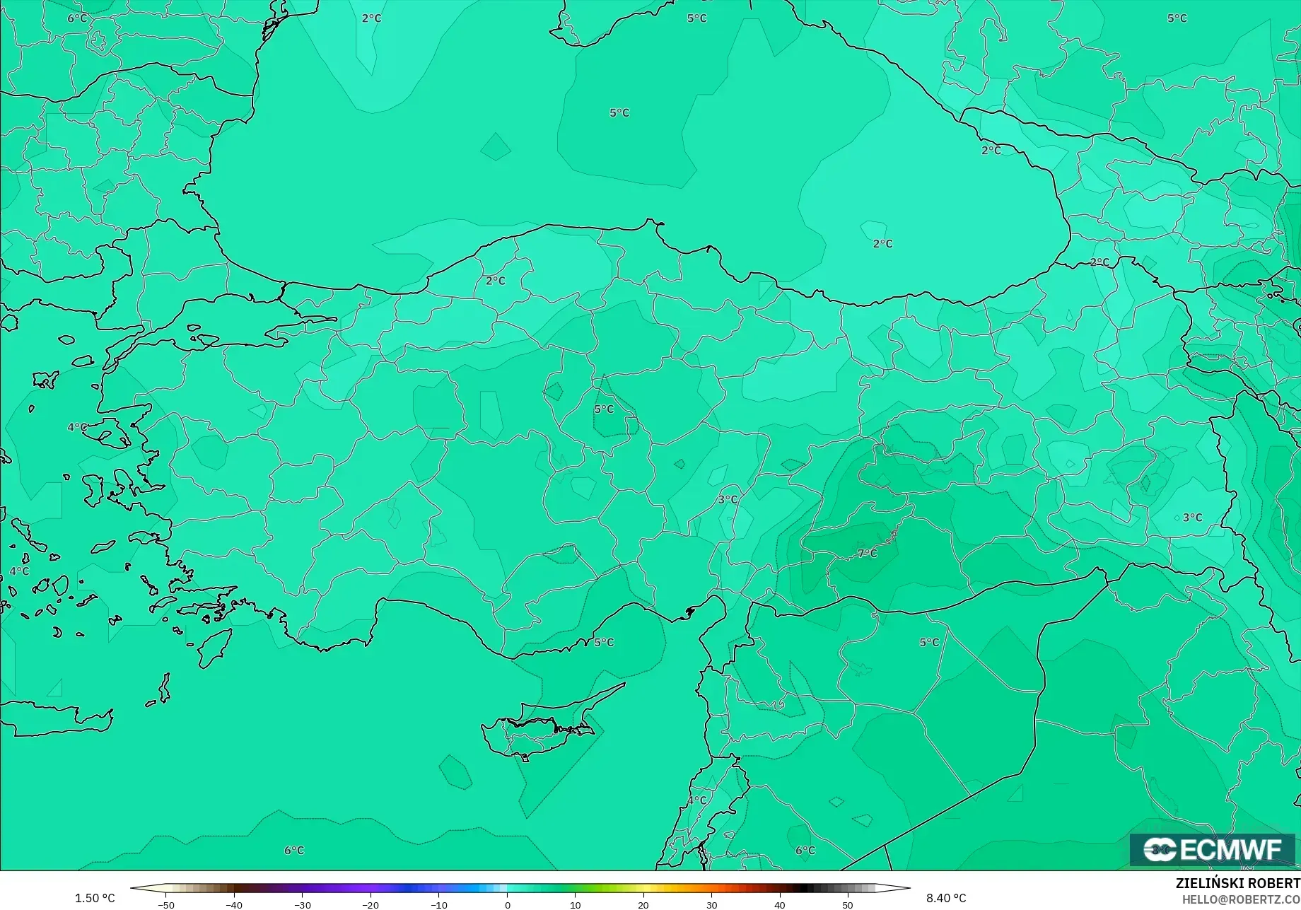 ECMWF IFS 0.25° modelo - Turquía, Temperatura a 850 hPa