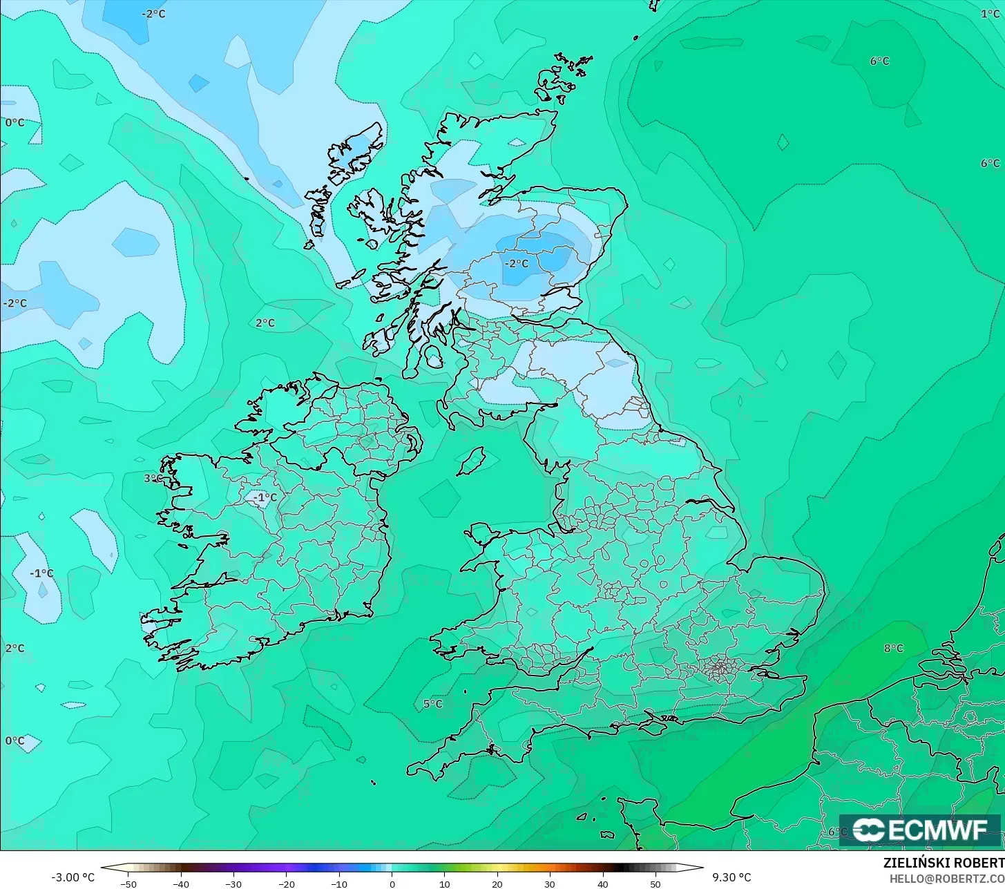 ECMWF IFS 0.25° modelo - Reino Unido, Punto de rocío a 2 m