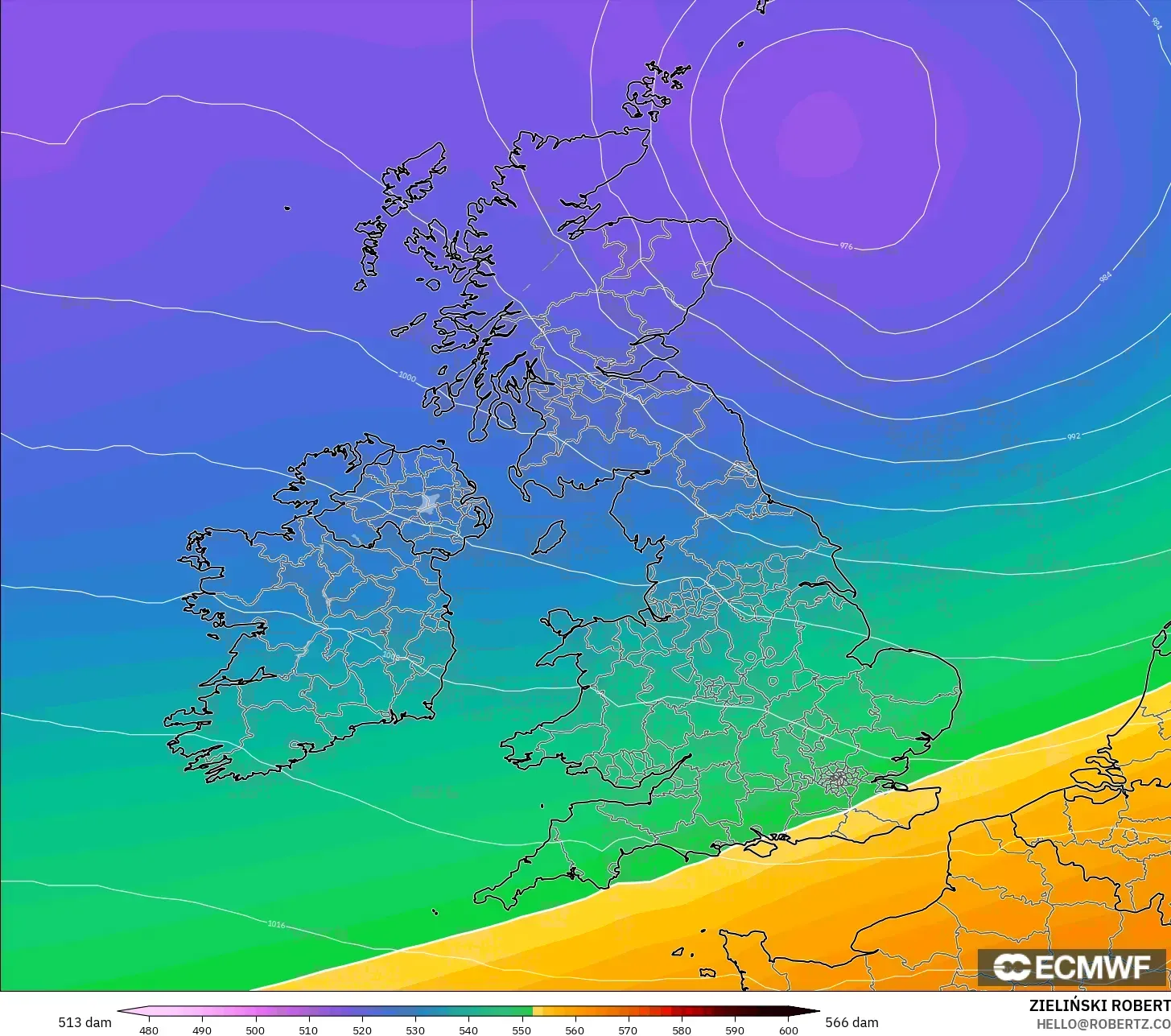 ECMWF IFS 0.25° modelo - Reino Unido, Altura geopotencial a 500 hPa
