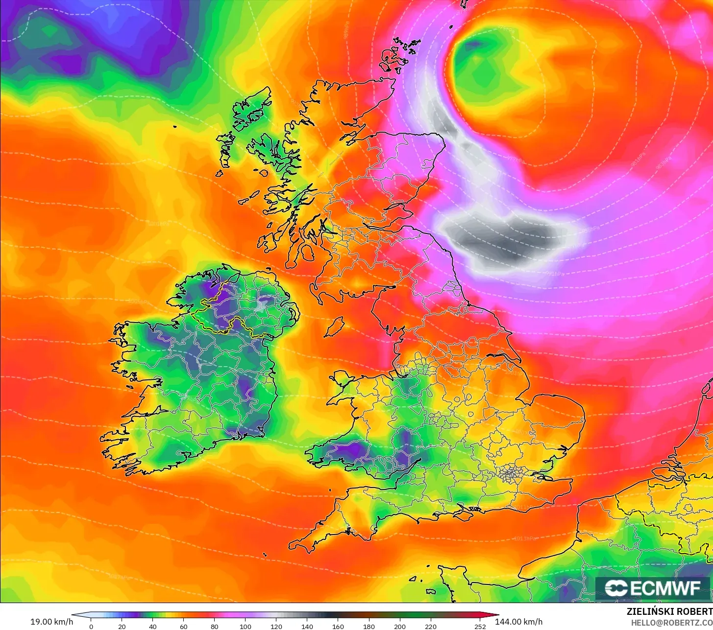 ECMWF IFS 0.25° modelo - Reino Unido, Ráfagas de viento