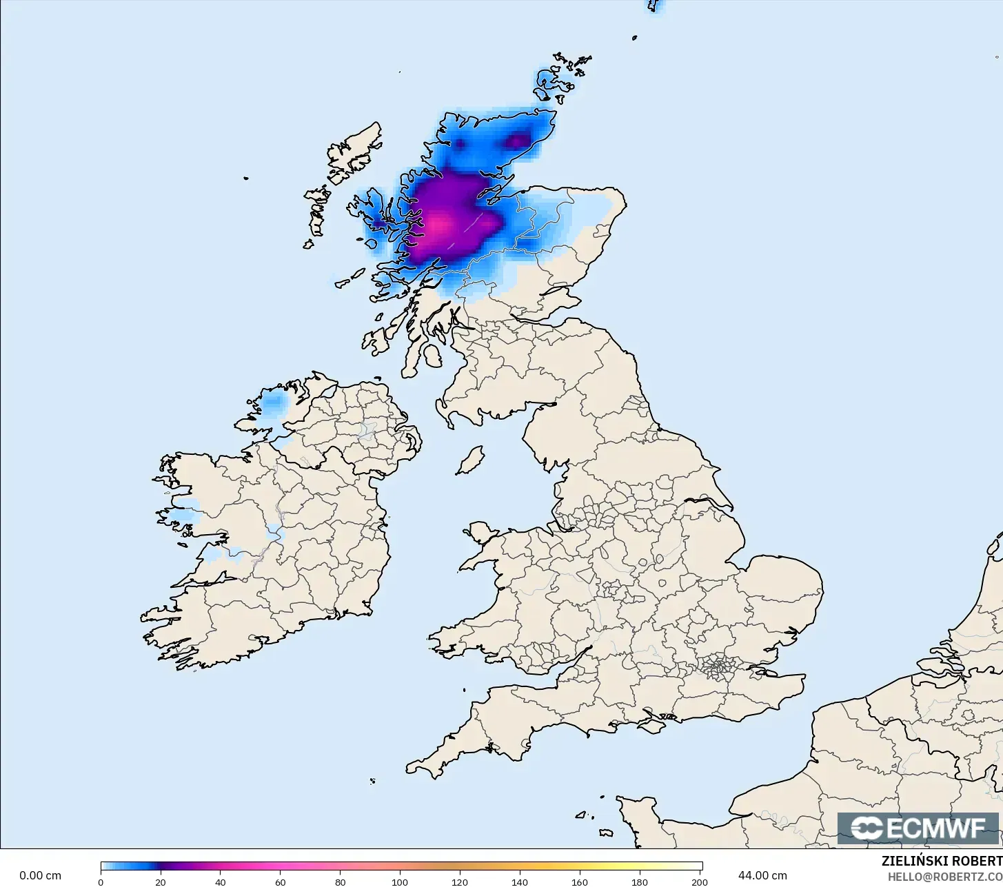 ECMWF IFS 0.25° modelo - Reino Unido, Profundidad de nieve