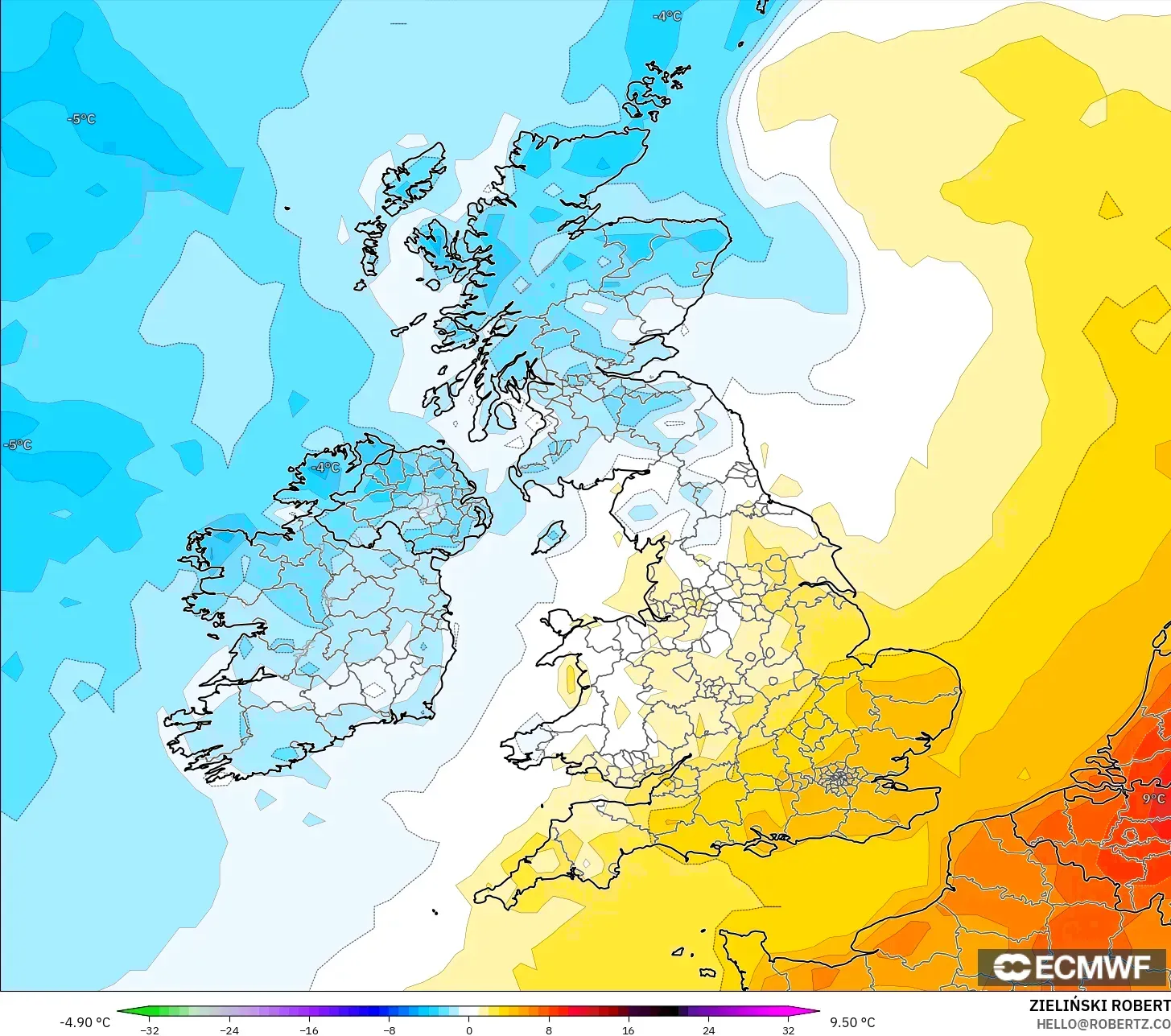 ECMWF IFS 0.25° modelo - Reino Unido, Anomalía de temperatura a 2 m