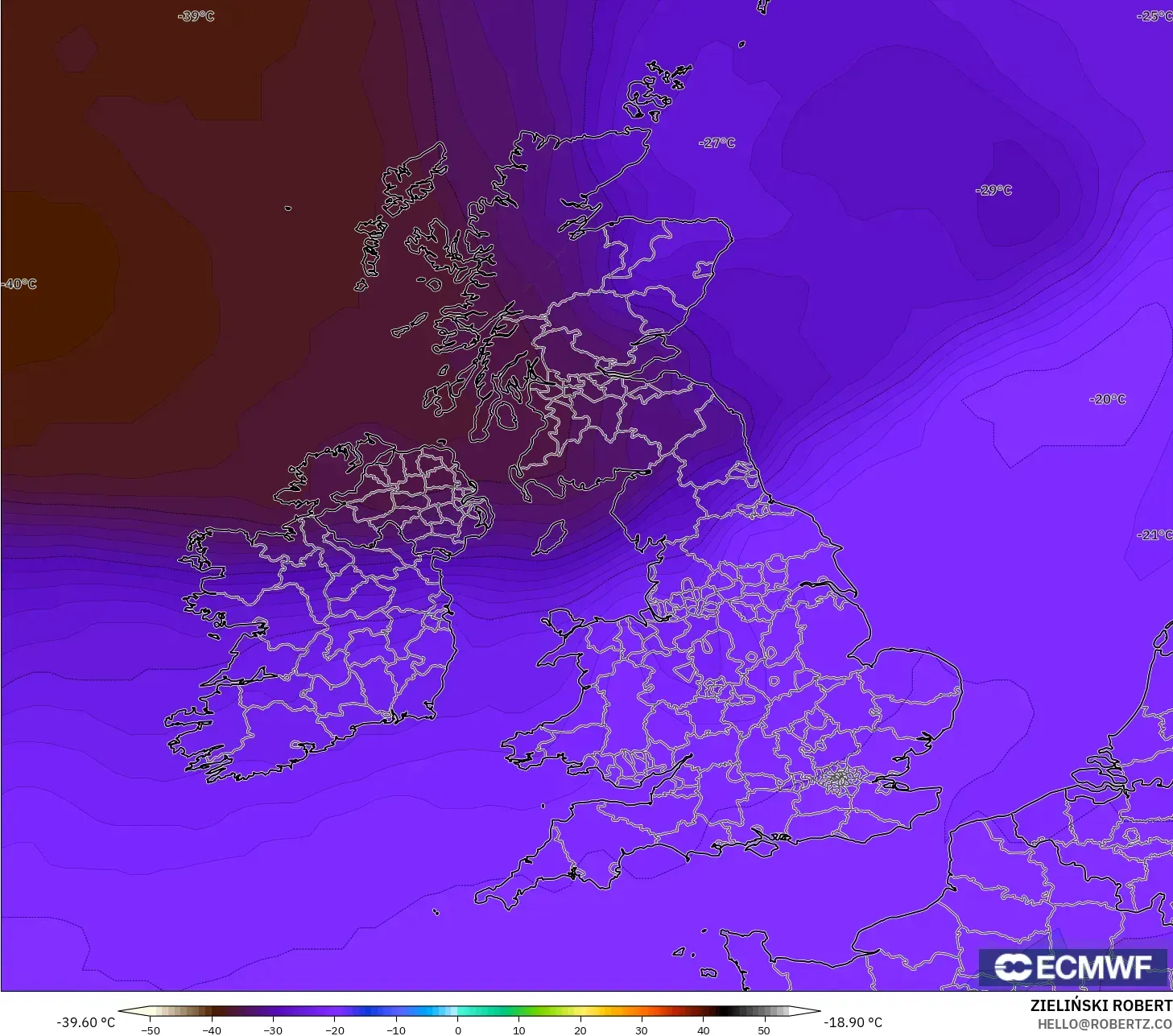 ECMWF IFS 0.25° modelo - Reino Unido, Temperatura a 500 hPa