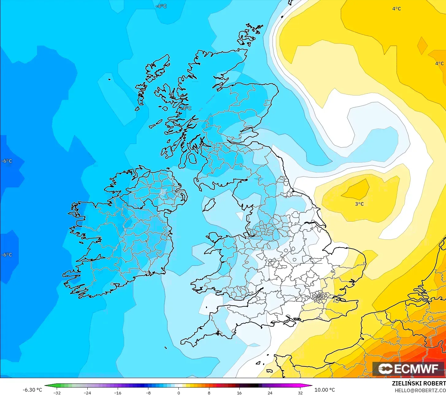 ECMWF IFS 0.25° modelo - Reino Unido, Anomalía de temperatura a 850 hPa
