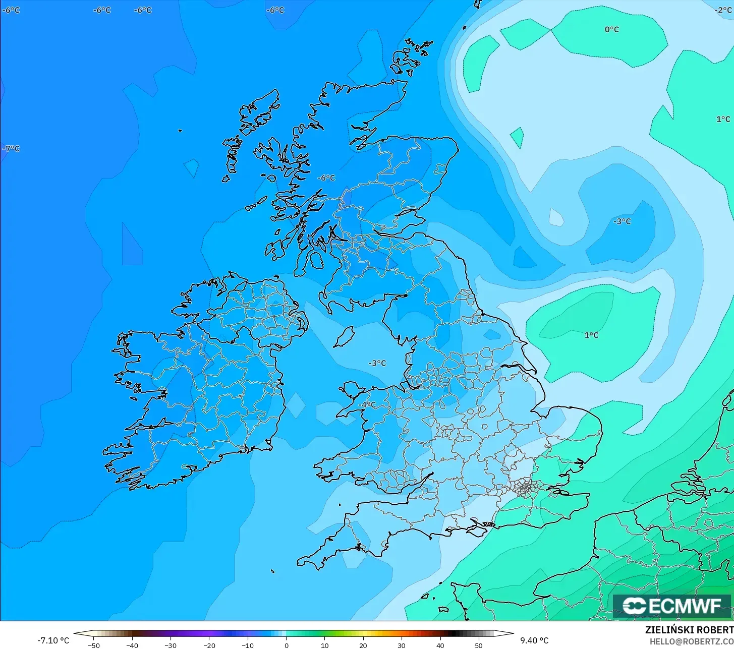 ECMWF IFS 0.25° modelo - Reino Unido, Temperatura a 850 hPa