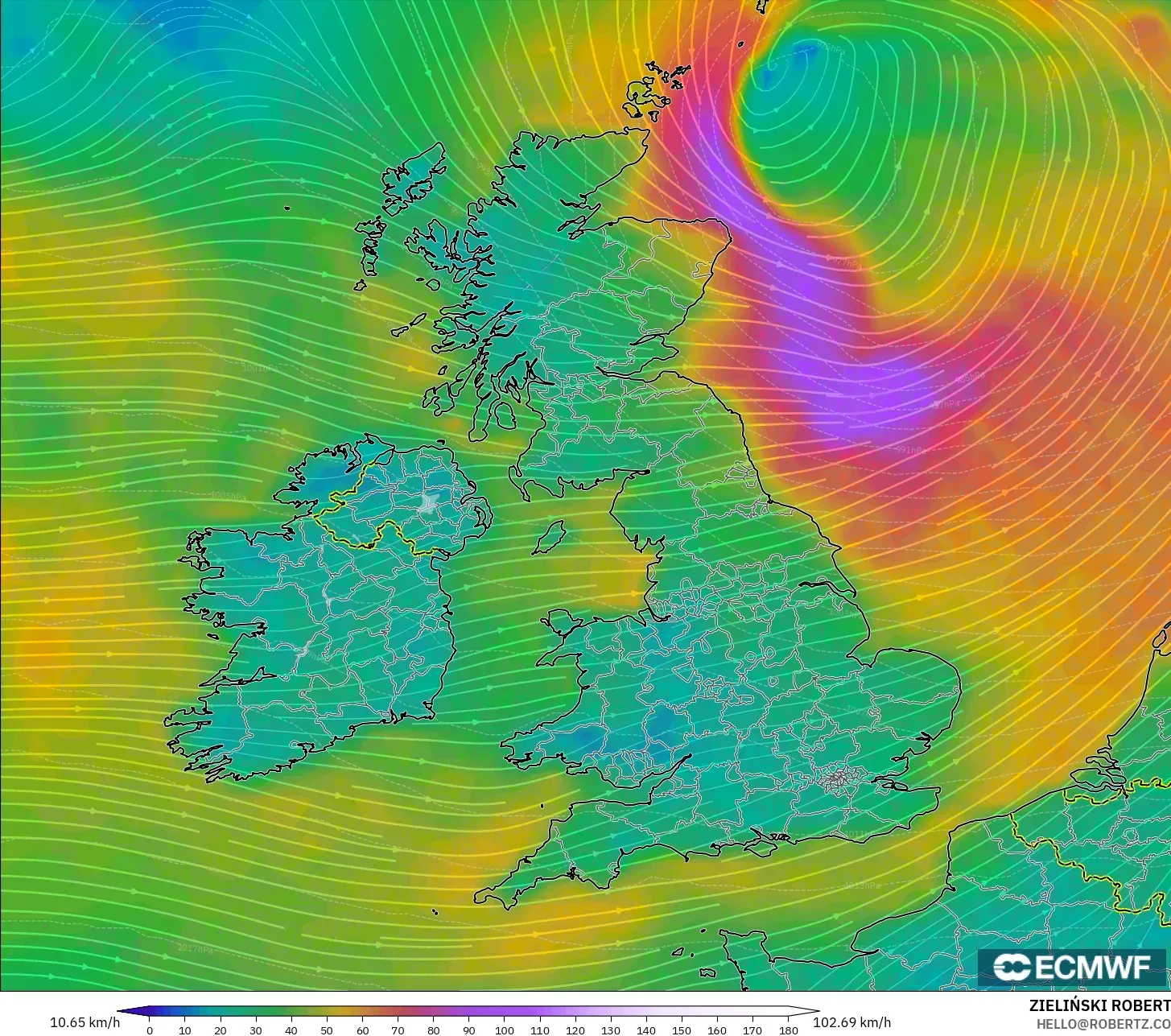 ECMWF IFS 0.25° modelo - Reino Unido, Viento a 10 m