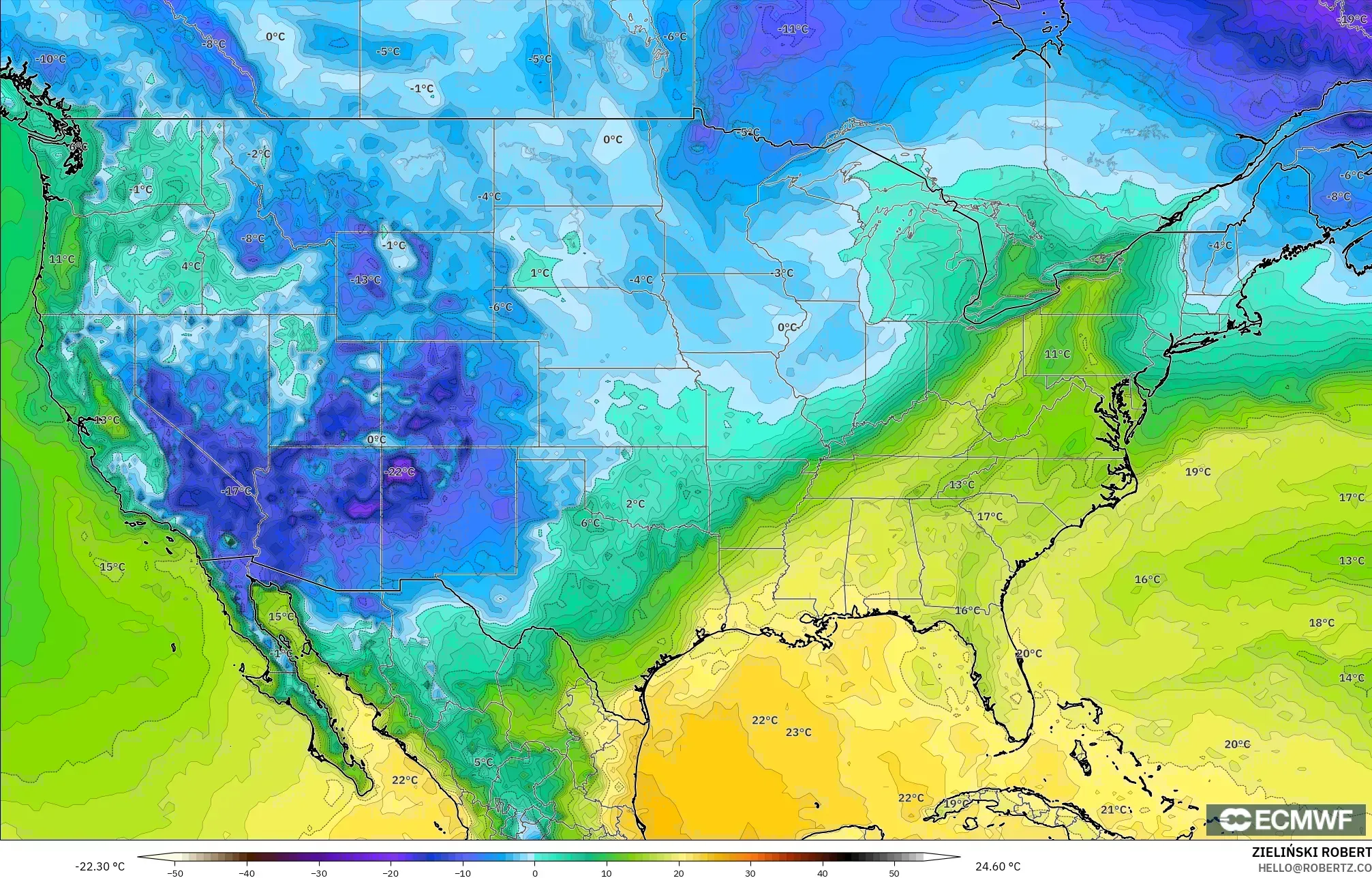 ECMWF IFS 0.25° modelo - Estados Unidos, Punto de rocío a 2 m