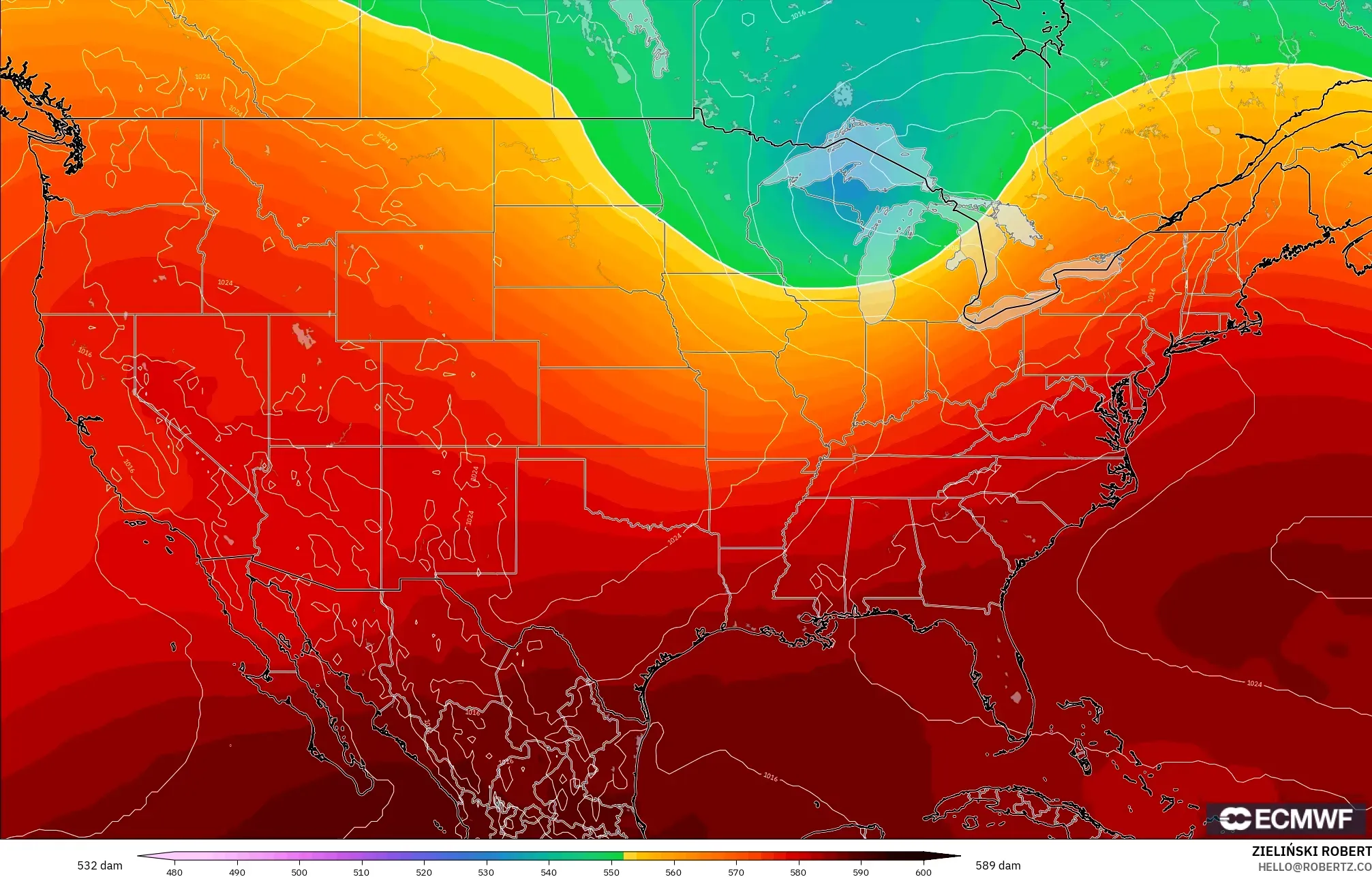 ECMWF IFS 0.25° modelo - Estados Unidos, Altura geopotencial a 500 hPa