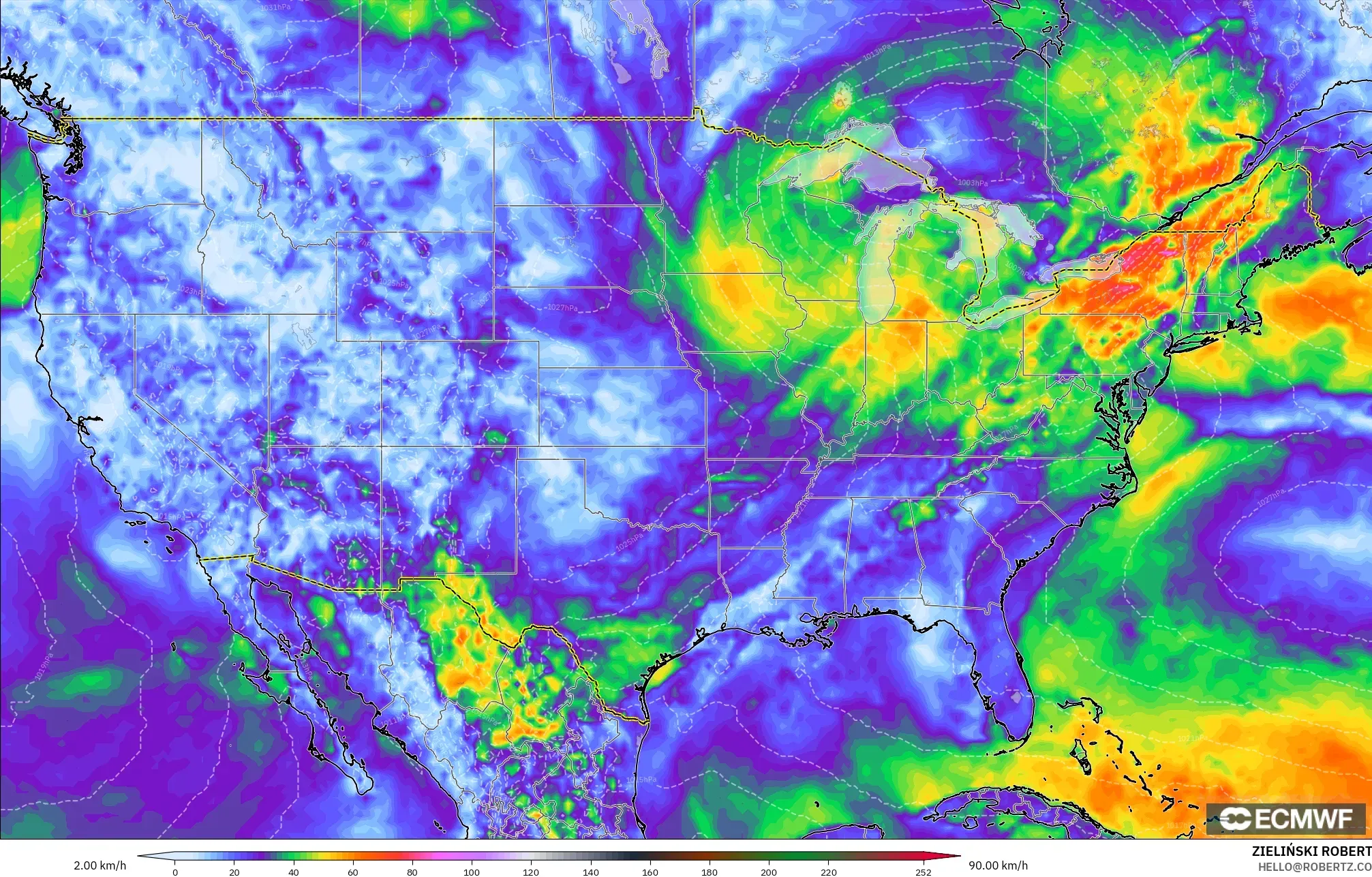 ECMWF IFS 0.25° modelo - Estados Unidos, Ráfagas de Viento Máximas